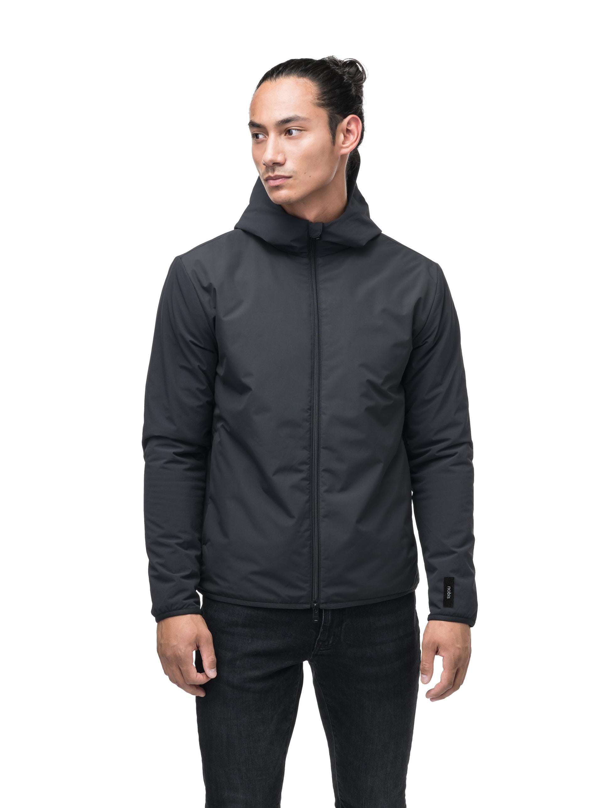 Men's hip length mid layer jacket with non-removable hood and two-way zipper in Black