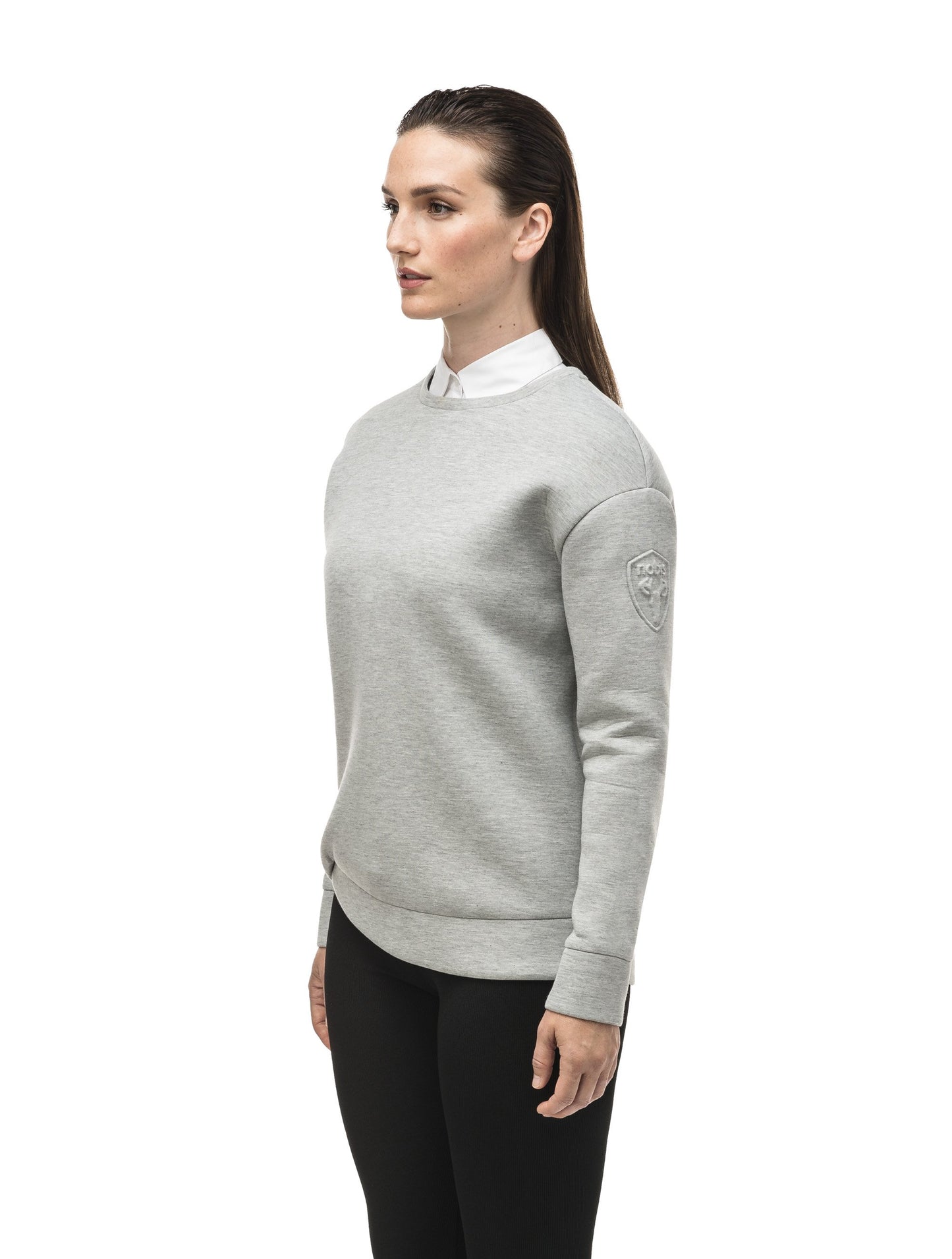Classic women's crew neck pullover with fold over hem detail in Grey Melange
