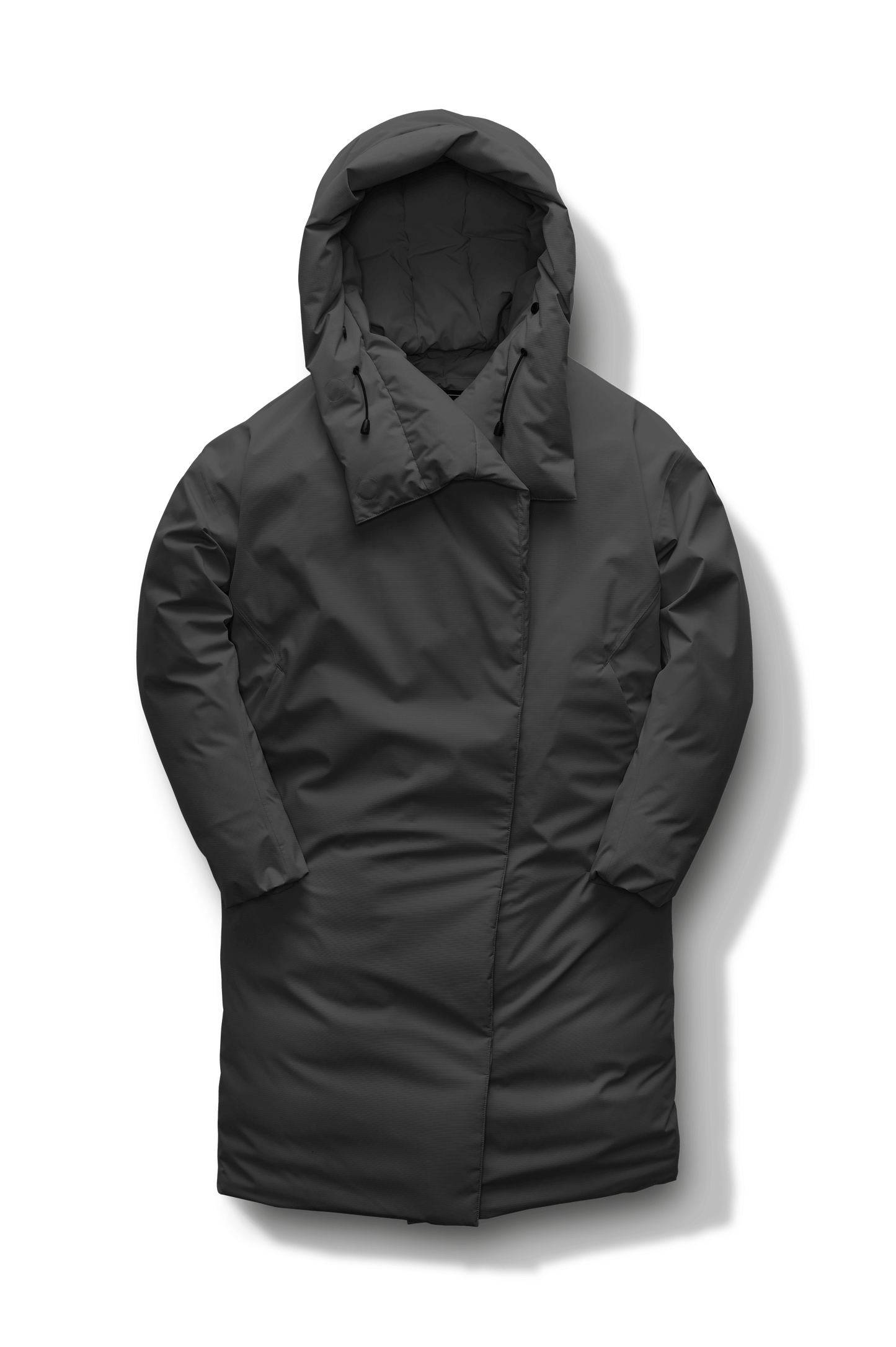 Axis Ladies Oversized Coat in knee length, Canadian duck down insulation, and two-way front zipper, in Black