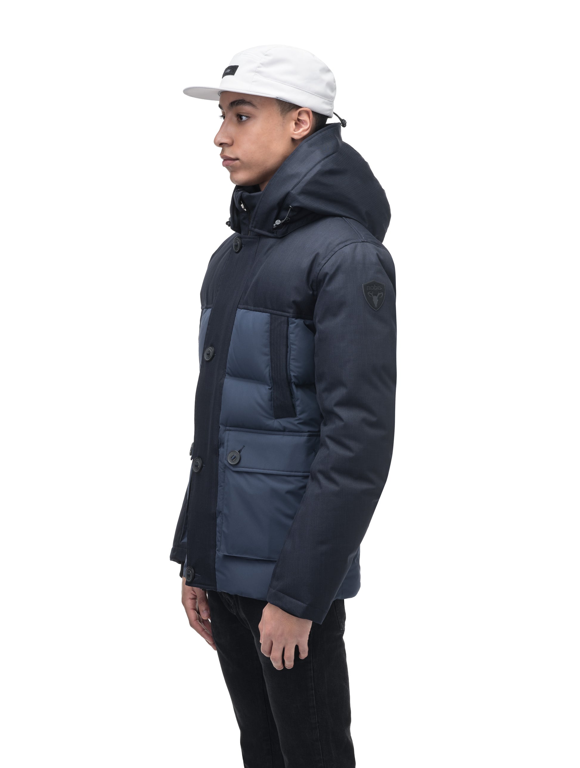 Cardinal Men's Puffer Parka in hip length, Canadian duck down insulation, removable hood, quilted body, and two-way front zipper, in Navy