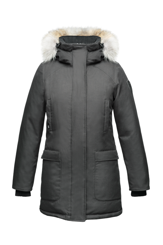 Women's down filled parka that sits just below the hip with a clean look and two hip patch pockets in CH Steel Grey