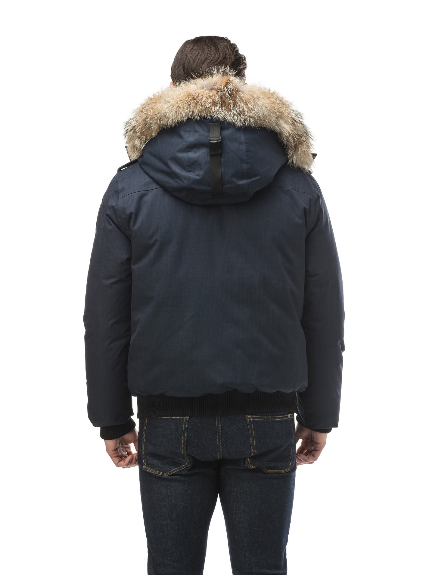 Men's down filled bomber that sits just above the hips with a completely removable hood that's windproof, waterproof, and breathable in CH Navy