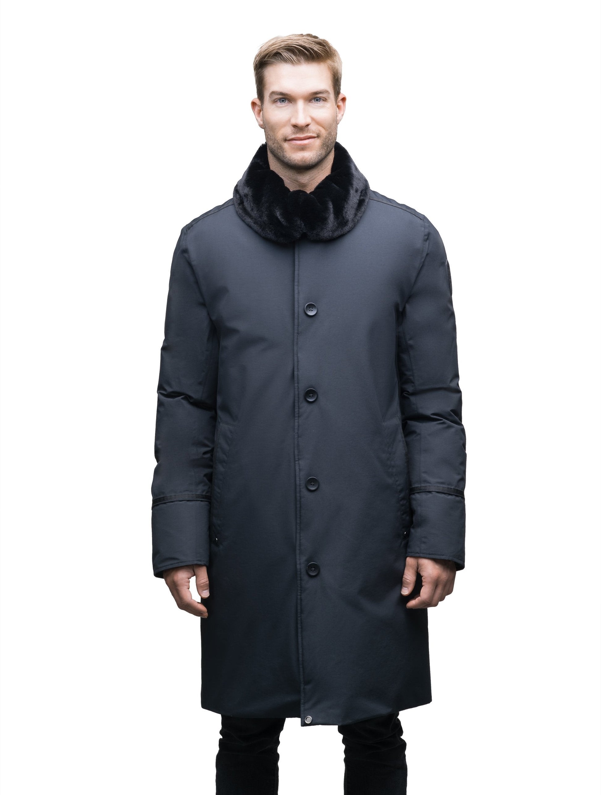 Men's long down filled overcoat with faux fur trim in Cy Black