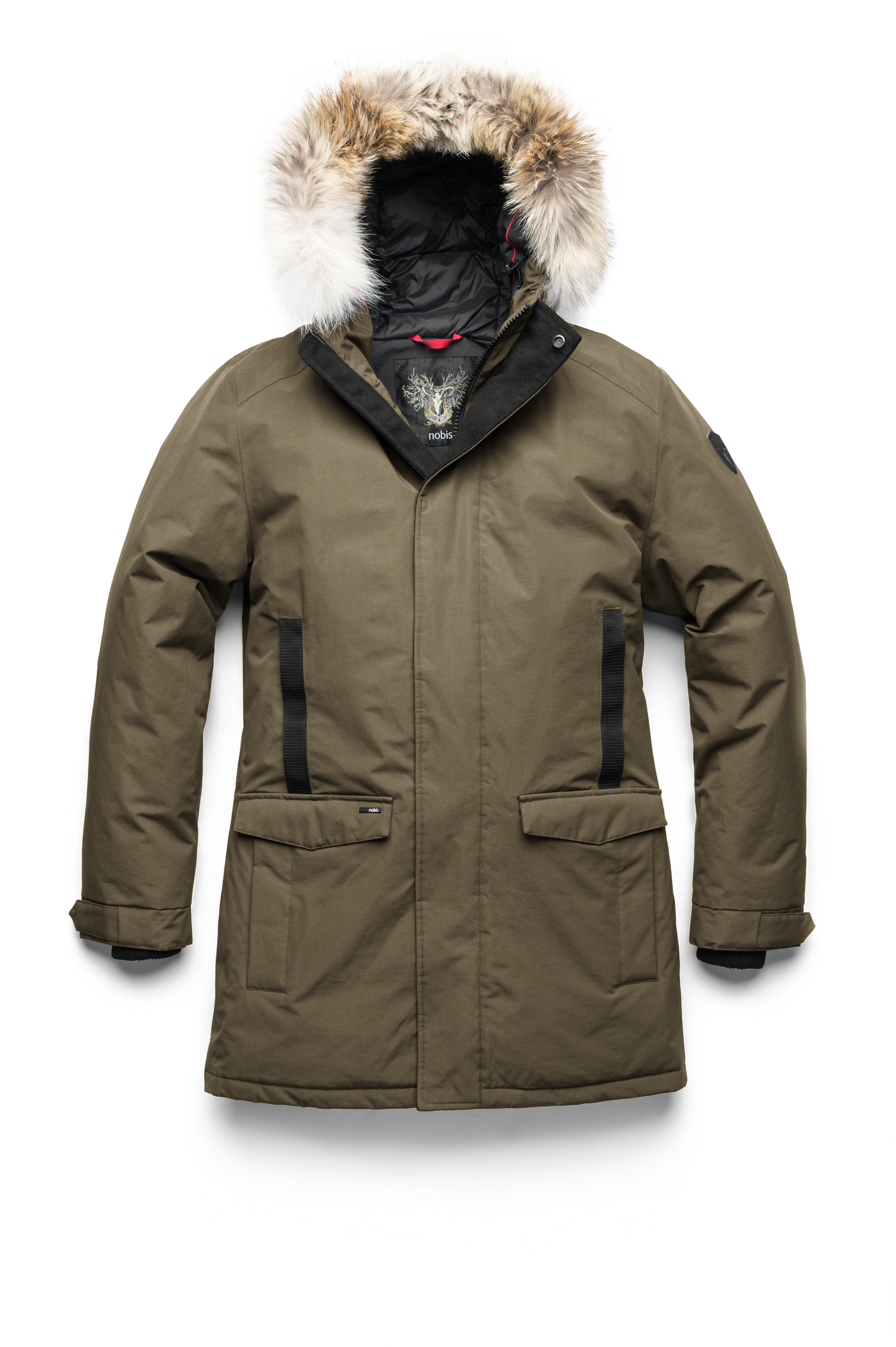 Lightweight men's parka with duck down fill and removable fur trim around the hood in Fatigue