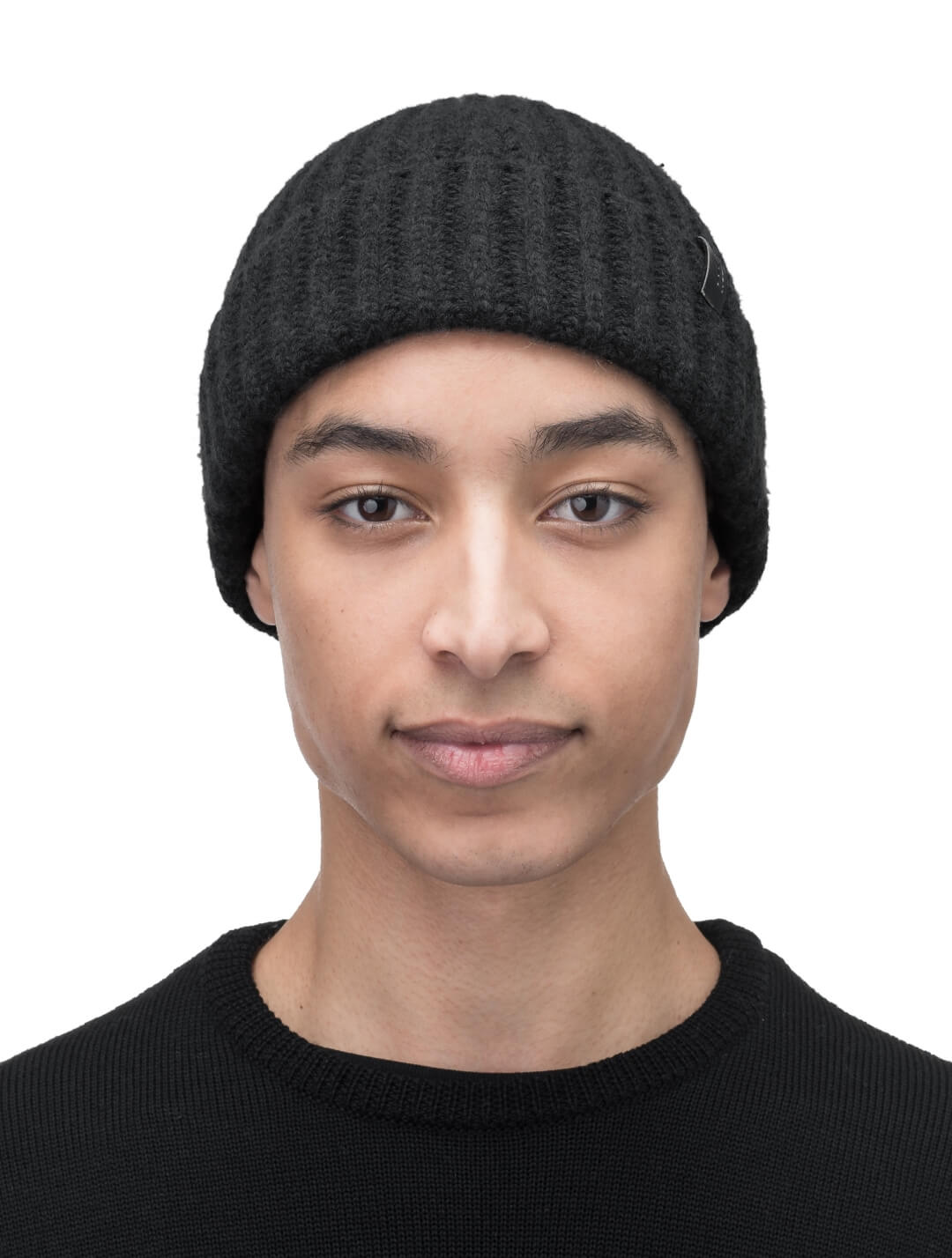 Dew Unisex Cable Knit Beanie in superfine merino wool and cashmere, and nobis leather label at cuff, in Black