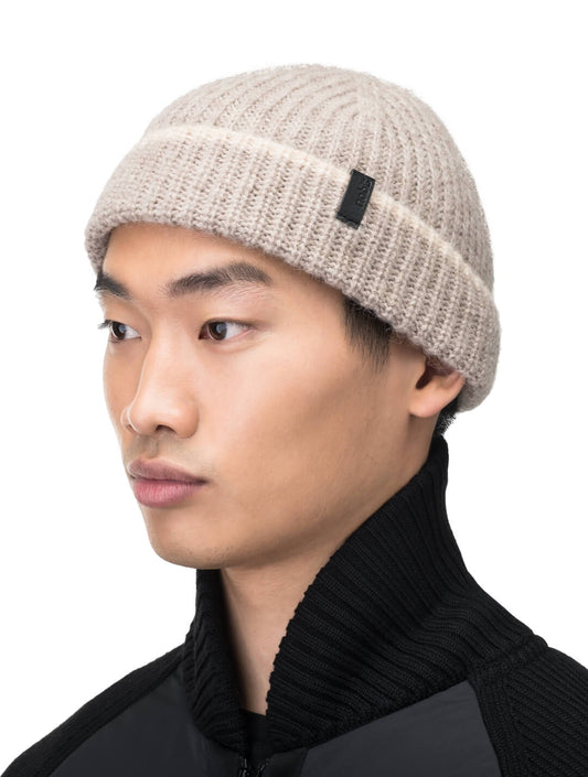 Dres Unisex 6-Dart Toque beanie in superfine alpaca and merino wool, contrast colour knit along cuff, and Nobis embossed leather label at the cuff, in Wheat