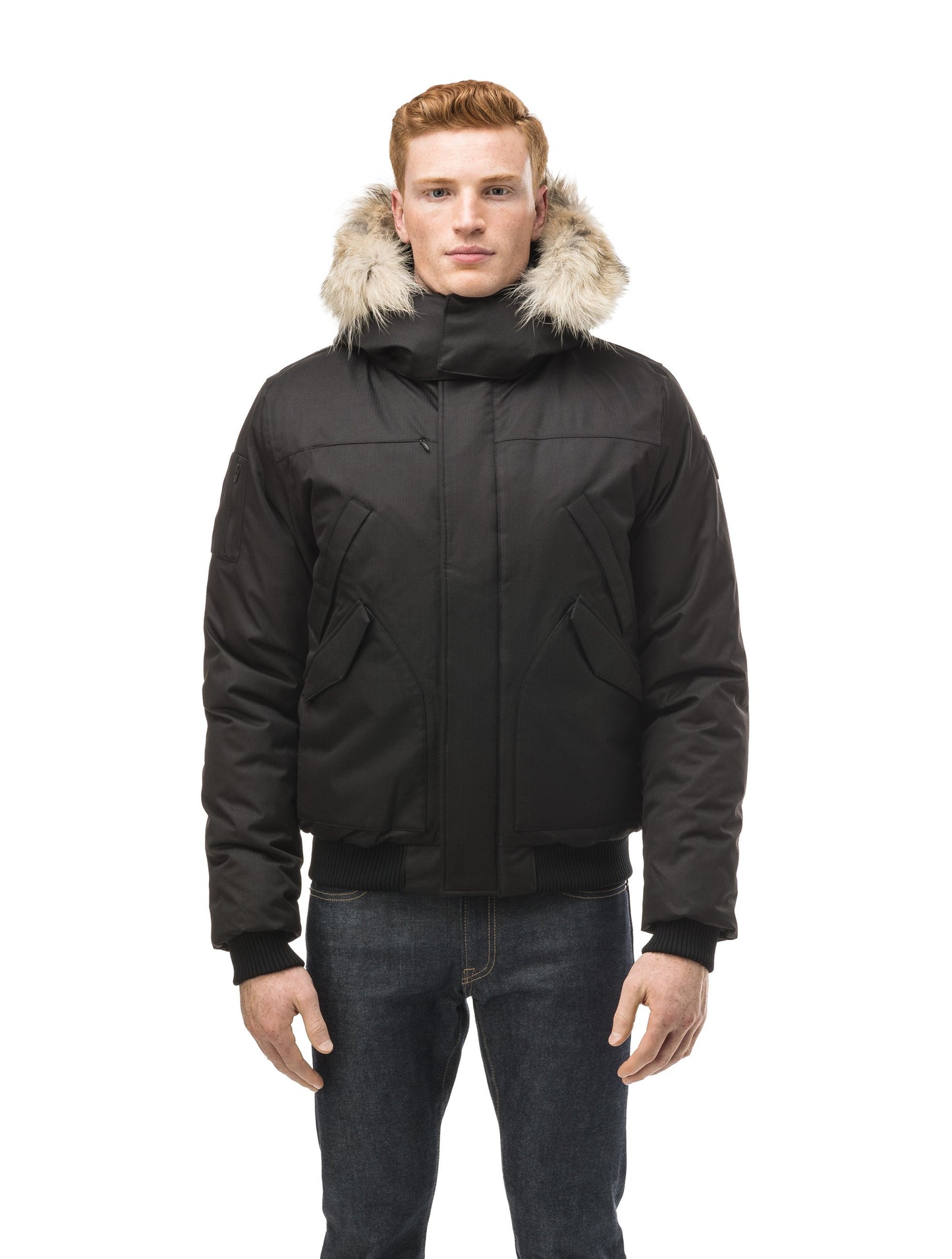 Men's classic down filled bomber jacket with a down filledÃ‚Â hood that features a removable coyote fur trim and concealed moldable framing wire in Black