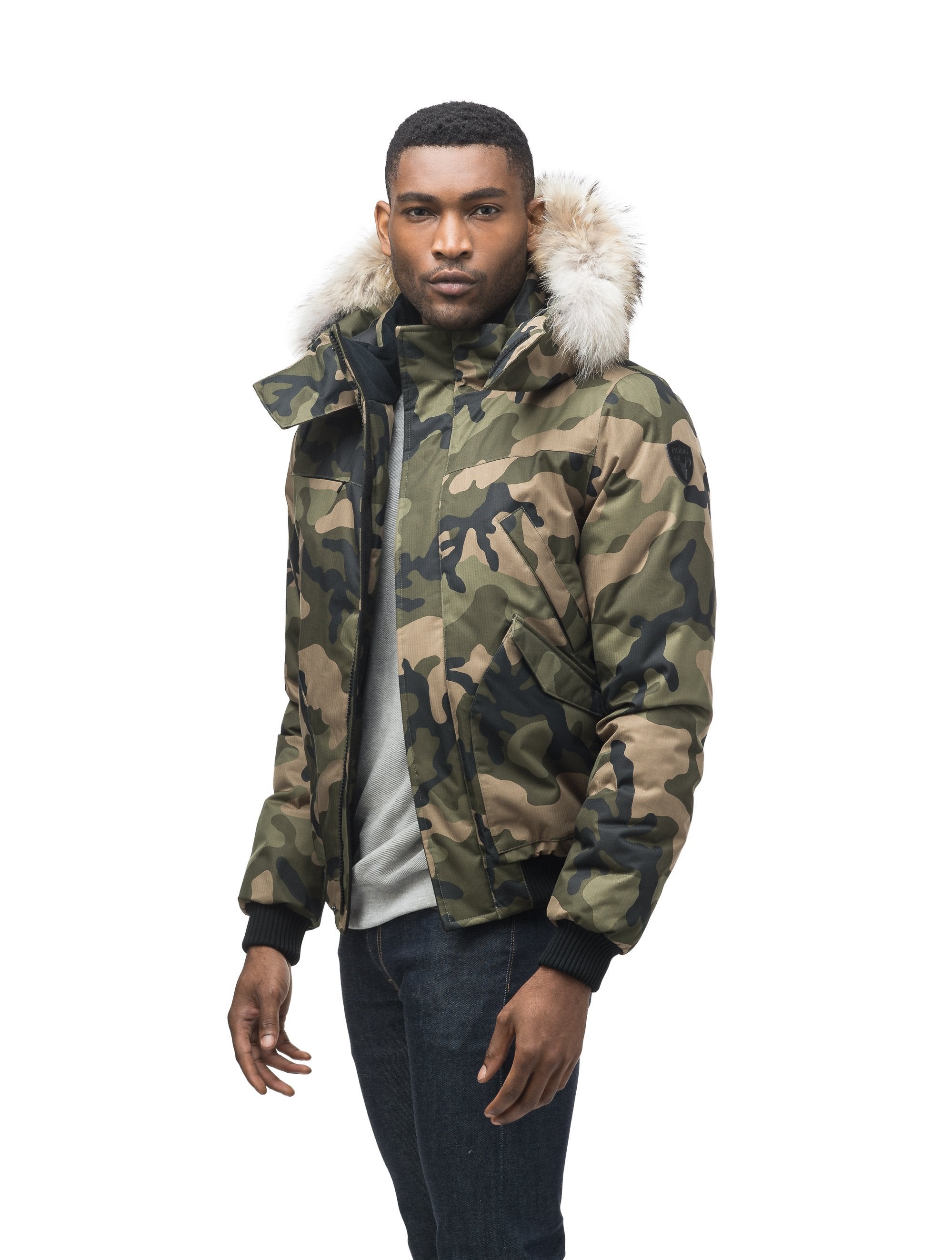 Camo winter jacket shop with fur hood