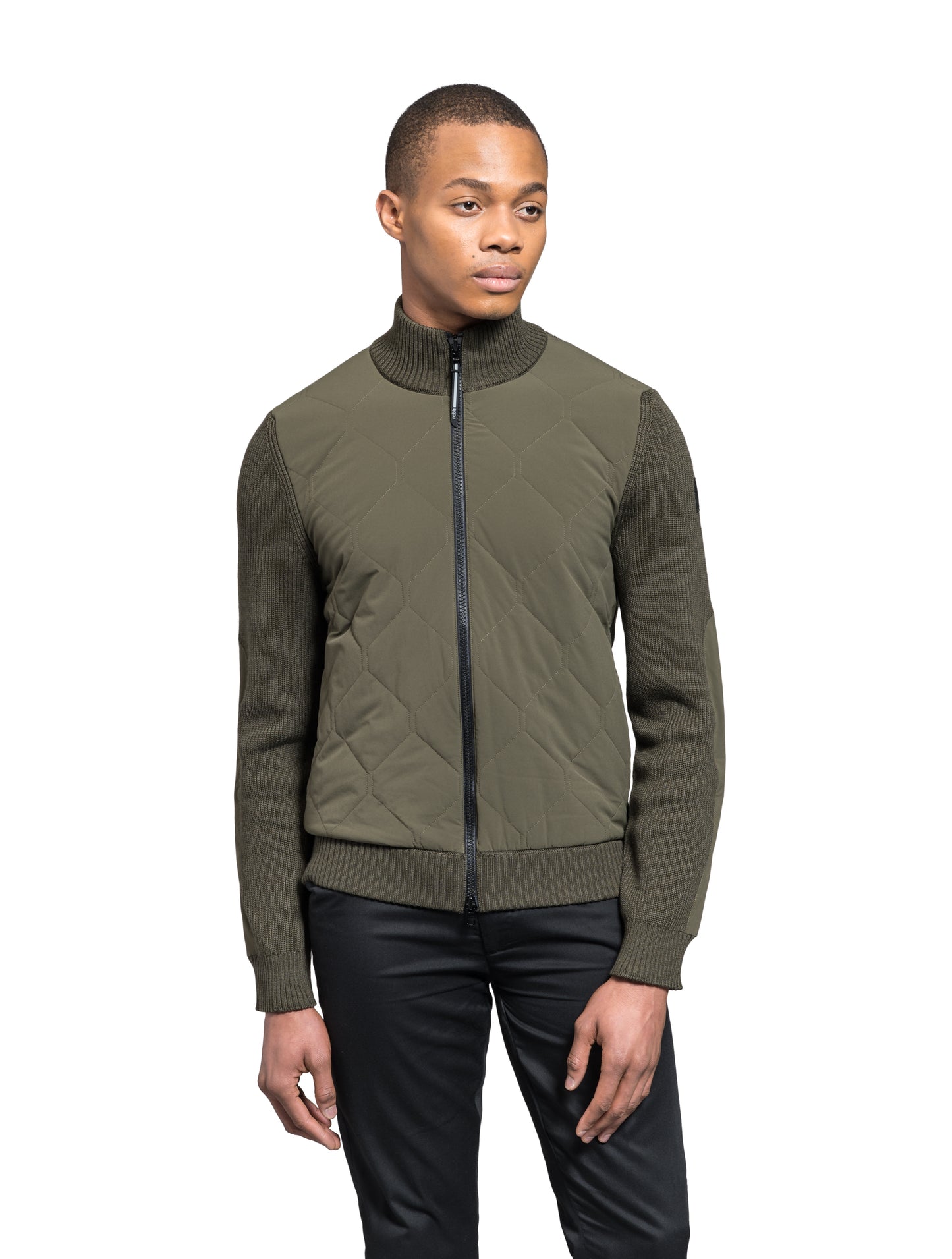 Ero Men's Tailored Hybrid Sweater in hip length, PrimaLoft Gold Insulation Active+, Durable 4-Way Stretch Weave quilted torso, Merino wool knit collar, sleeves, back, and cuffs, two-way front zipper, and hidden waist pockets, in Fatigue