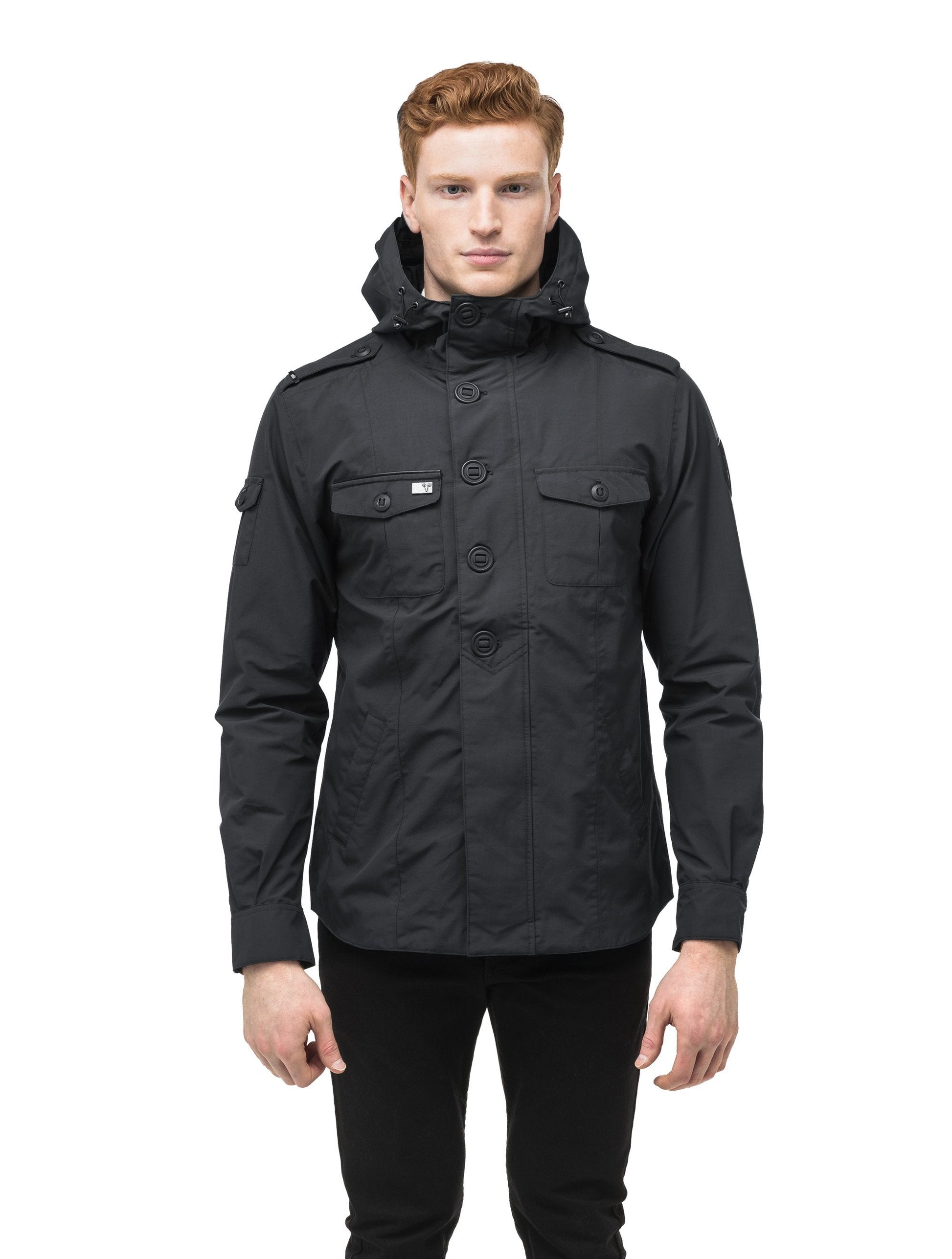 Men's hooded shirt jacket with patch chest pockets in Black