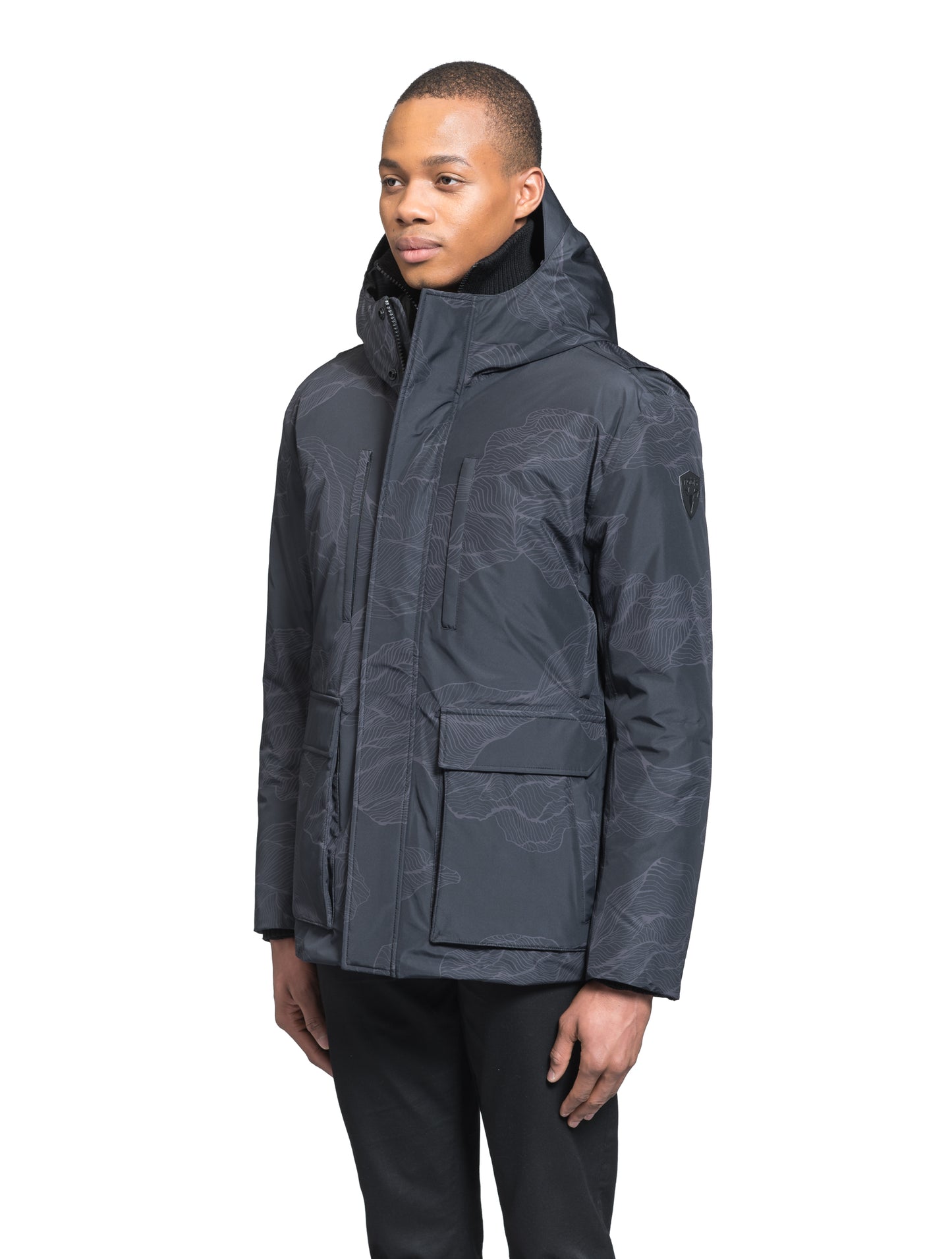 Geo Men's Short Parka in hip length, Canadian duck down insulation, non-removable hood, and two-way zipper, in Dark Desert