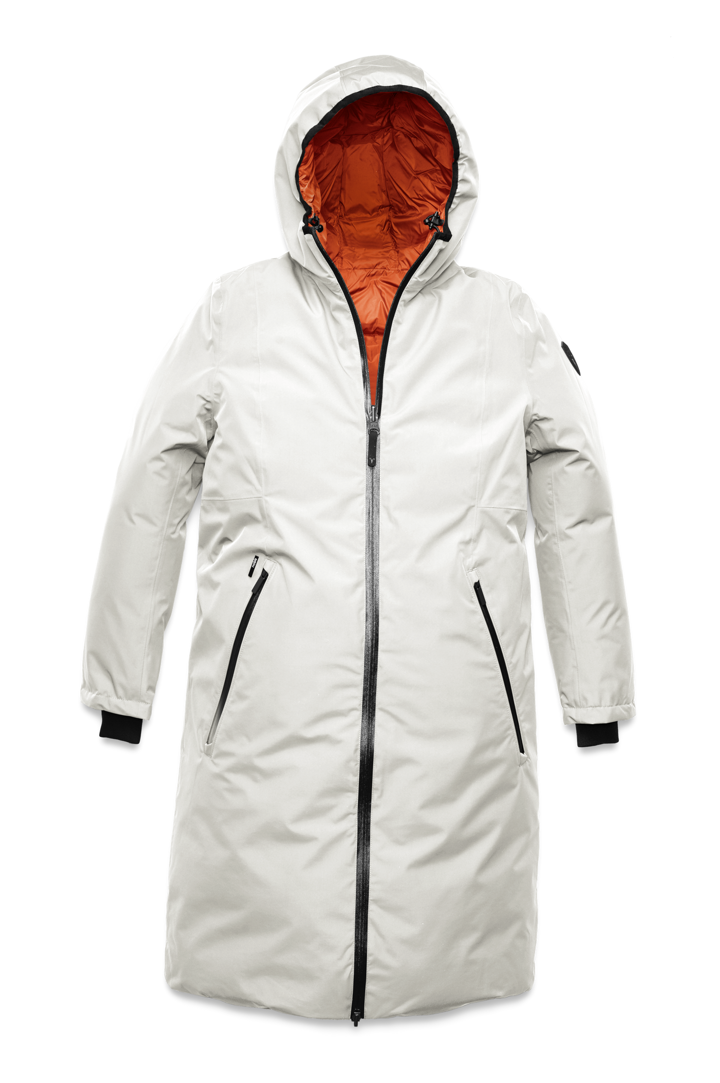 Ladies knee length reversible down-filled parka with non-removable hood in Chalk/Atomic