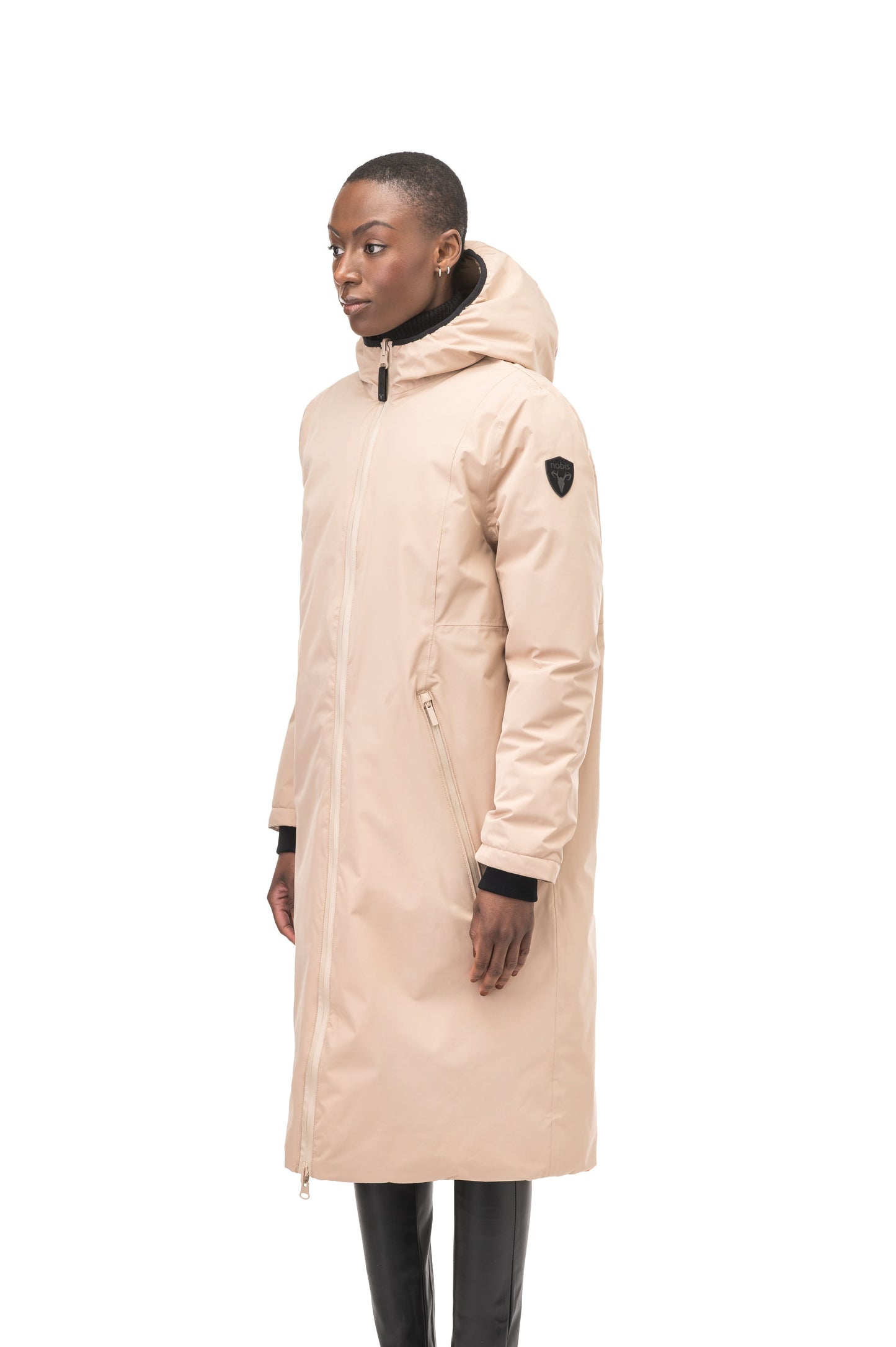 Ladies knee length reversible down-filled parka with non-remova