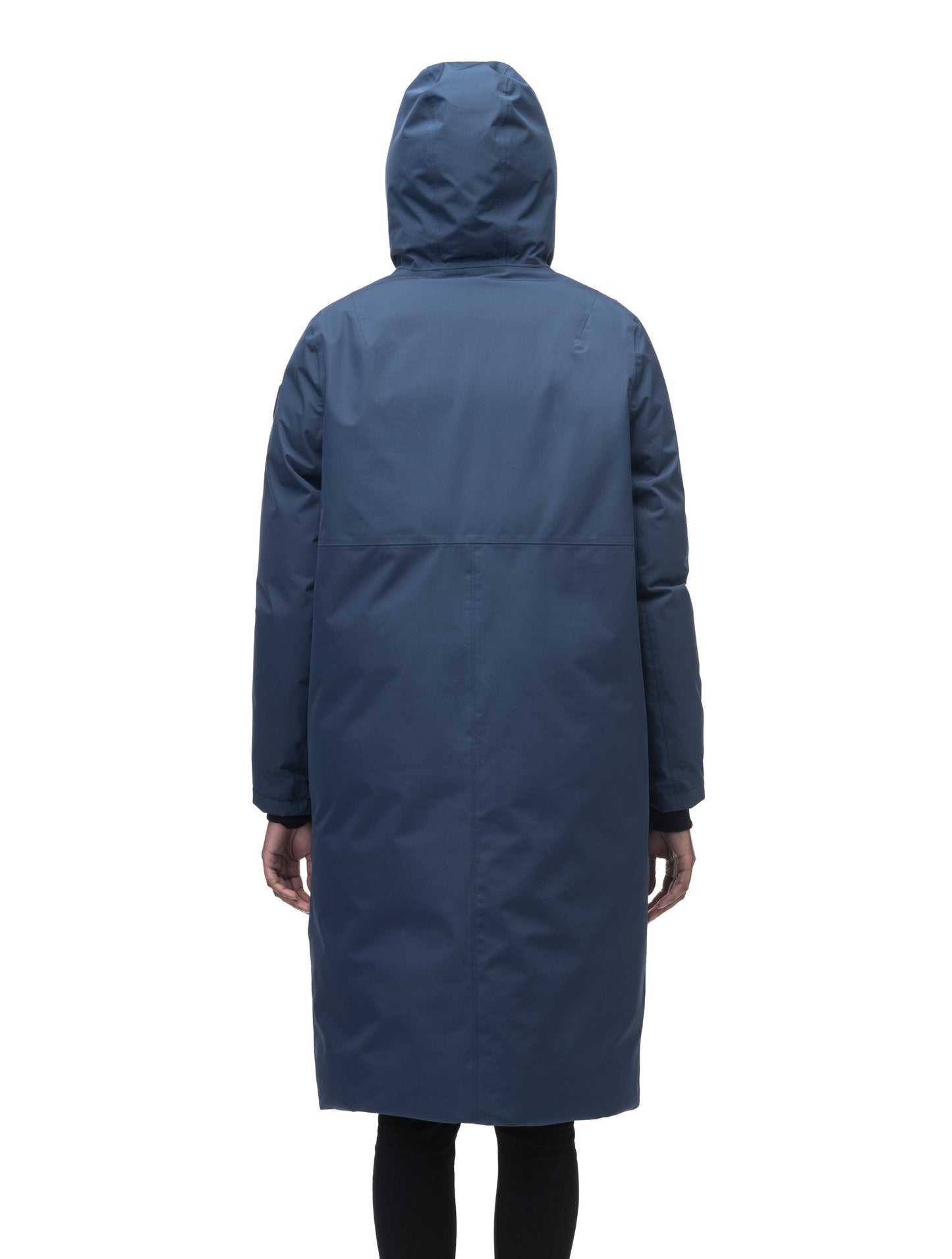 Ladies knee length reversible down-filled parka with non-removable hood in Marine