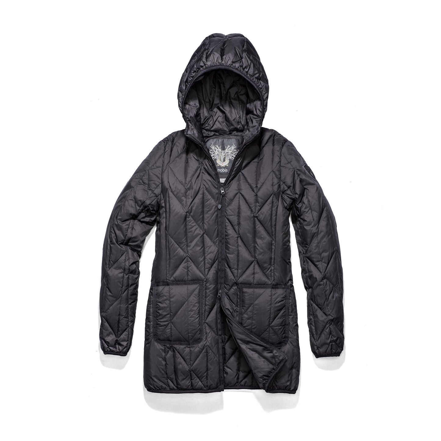 Women's down filled lightweight jacket with fishbone quilting and mid thigh silhouette in Black