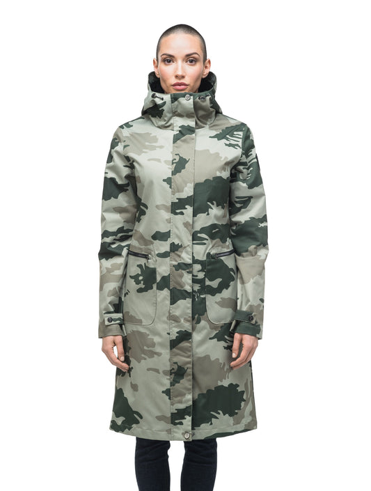 Women's long raincoat with an adjustable hood in Army Green Camo