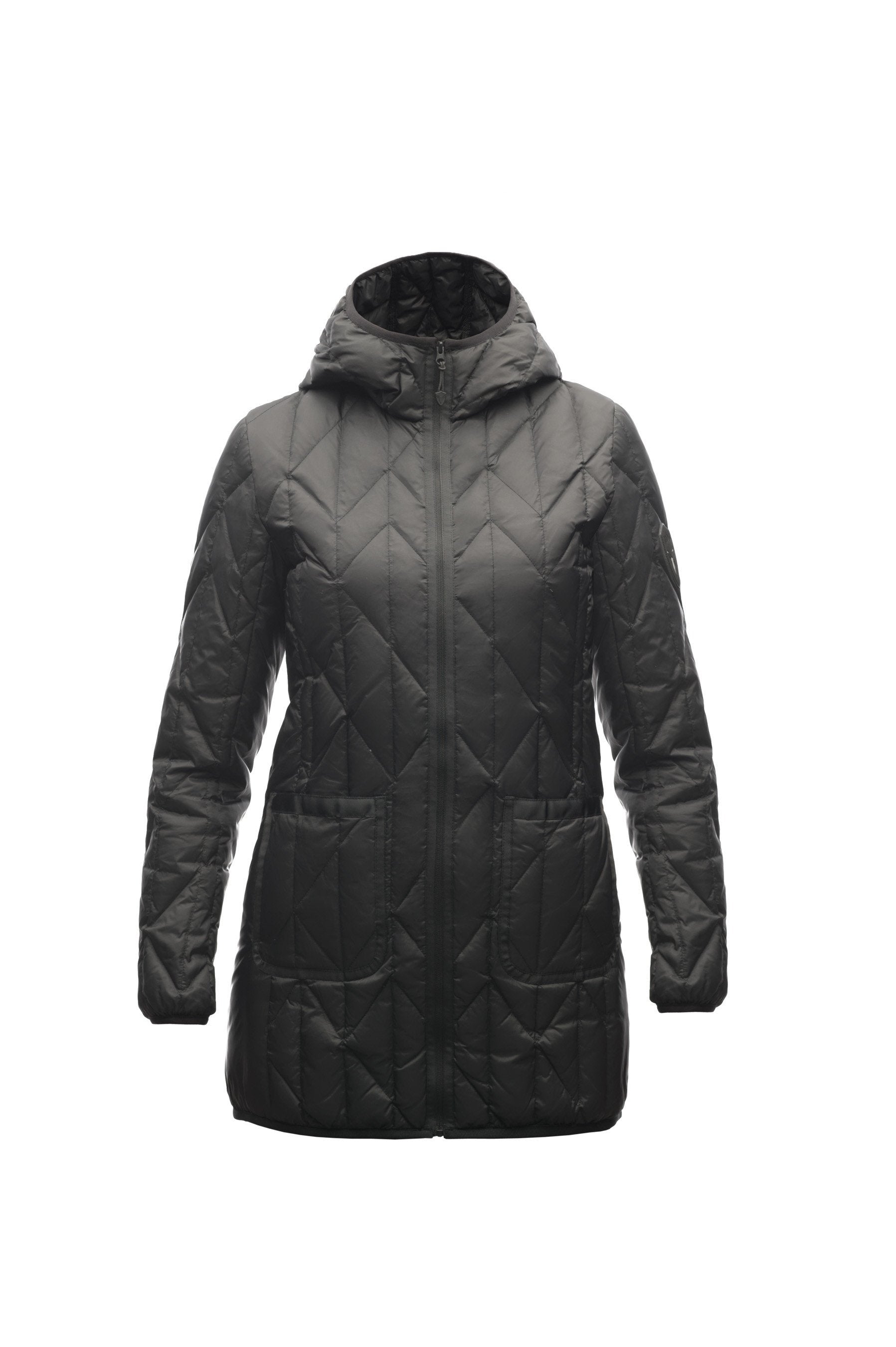 Women's down filled lightweight jacket with fishbone quilting and mid thigh silhouette in Black