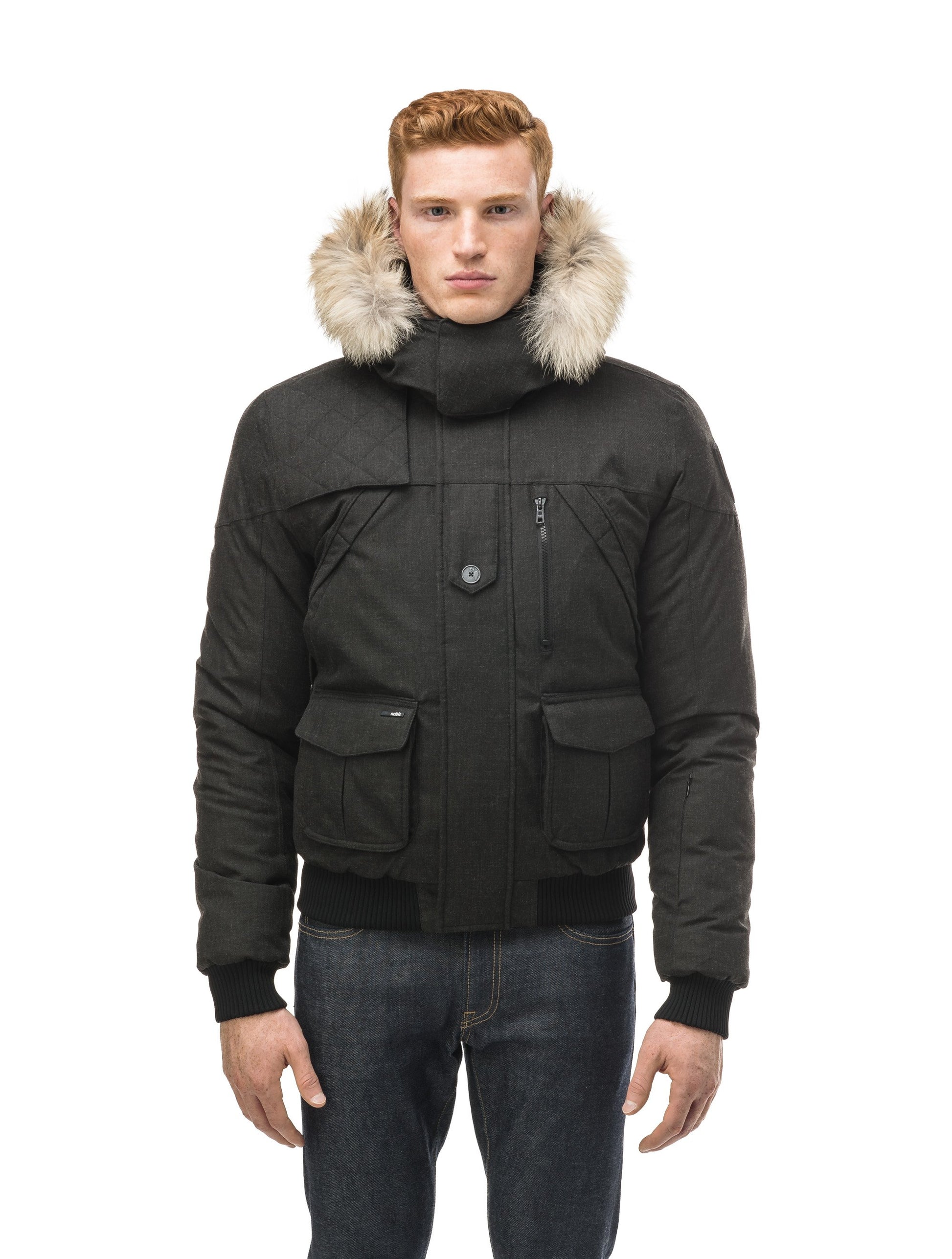 Men's classic down bomber with two patch pockets and a right shoulder storm flap in H. Black