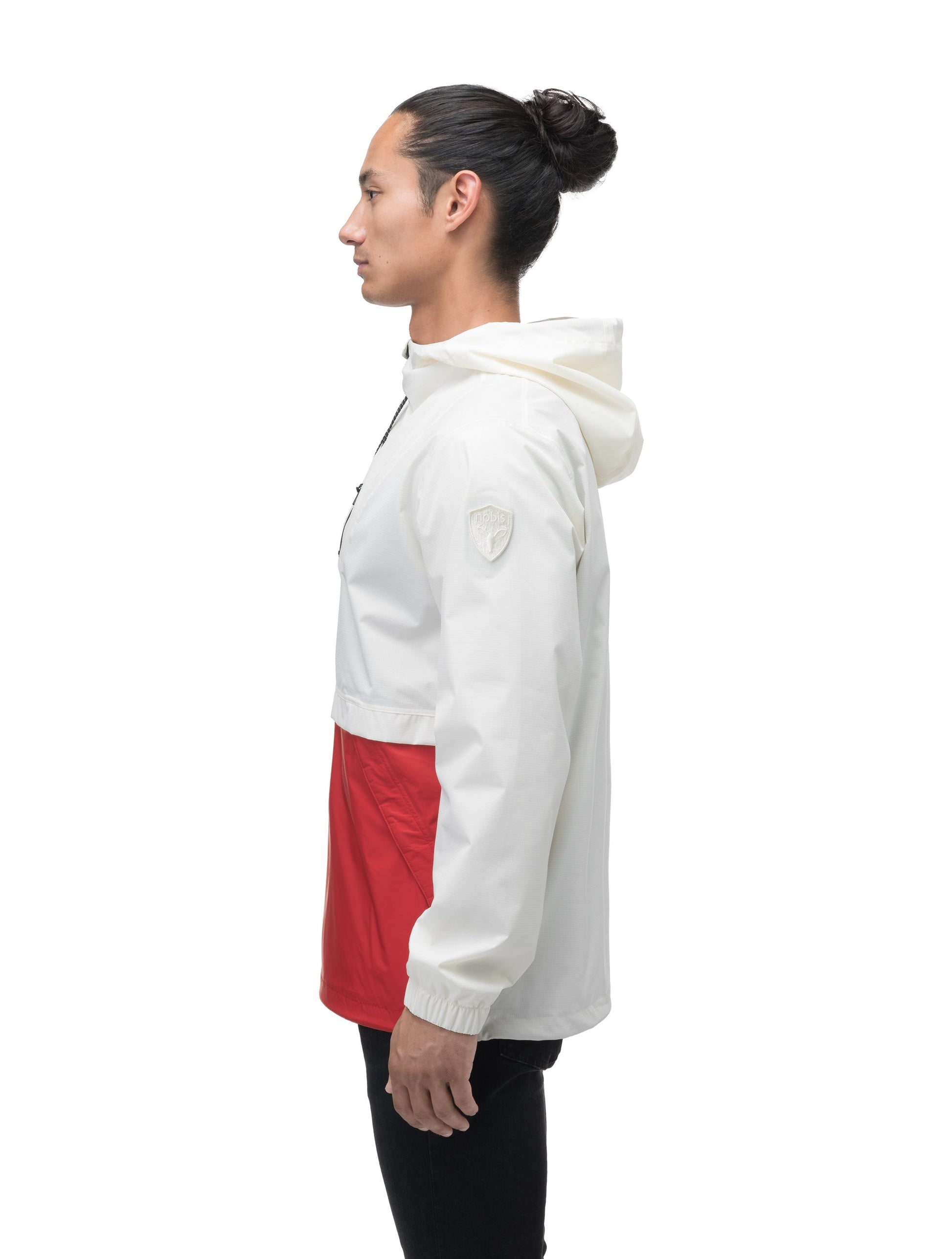 Men's hip length hooded pullover anorak with zipper at collar in Chalk/Vermillion