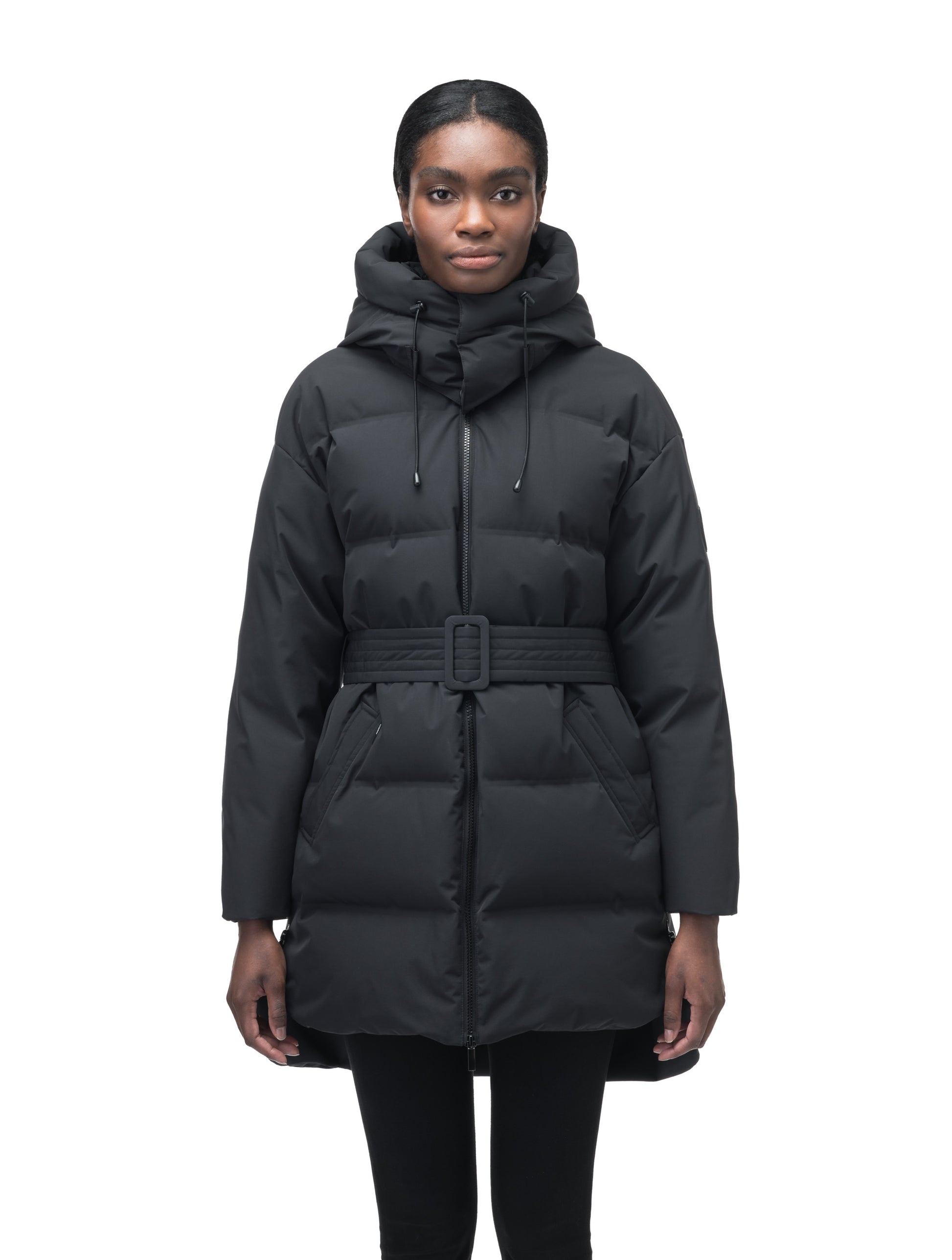 Women's thigh length down parka with removable hood and adjustable belt in Black