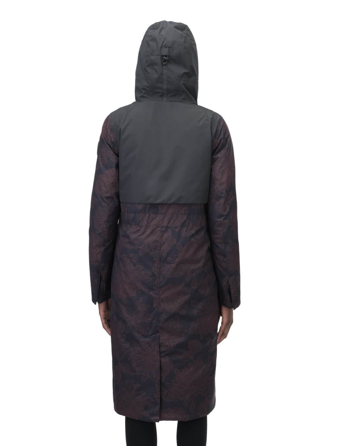 Iris Ladies Long Parka in below the knee length, Canadian duck down insulation, non-removable hood, and two-way zipper, in Dark Floral
