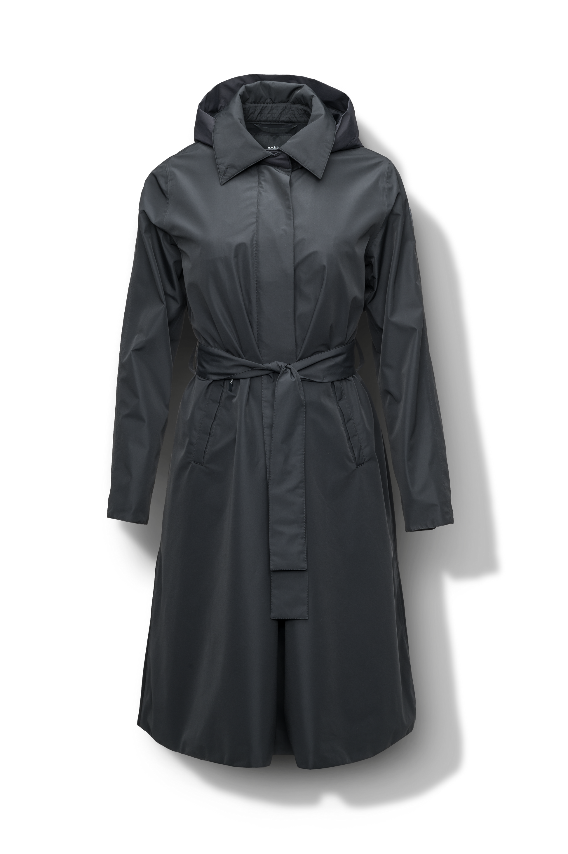 Ivy Ladies Tailored Trench Coat in knee length, 3-Ply Micro Denier fabrication, retractable non-removable hood, front wind flap with snap button closure, removable belt, and adjustable snap cuffs, in Black