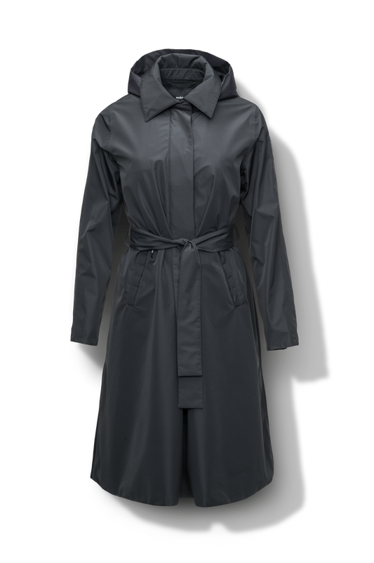 Ivy Ladies Tailored Trench Coat in knee length, 3-Ply Micro Denier fabrication, retractable non-removable hood, front wind flap with snap button closure, removable belt, and adjustable snap cuffs, in Black