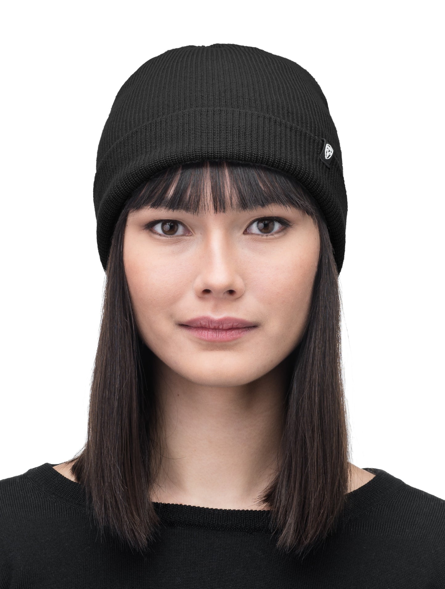 Julian Knit Toque in fine ribbed jersey, with nobis label on cuff, in Black