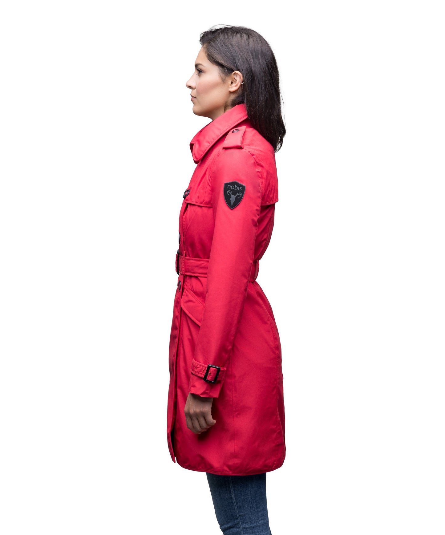 Women's classic trench coat that falls just above the knee in Red