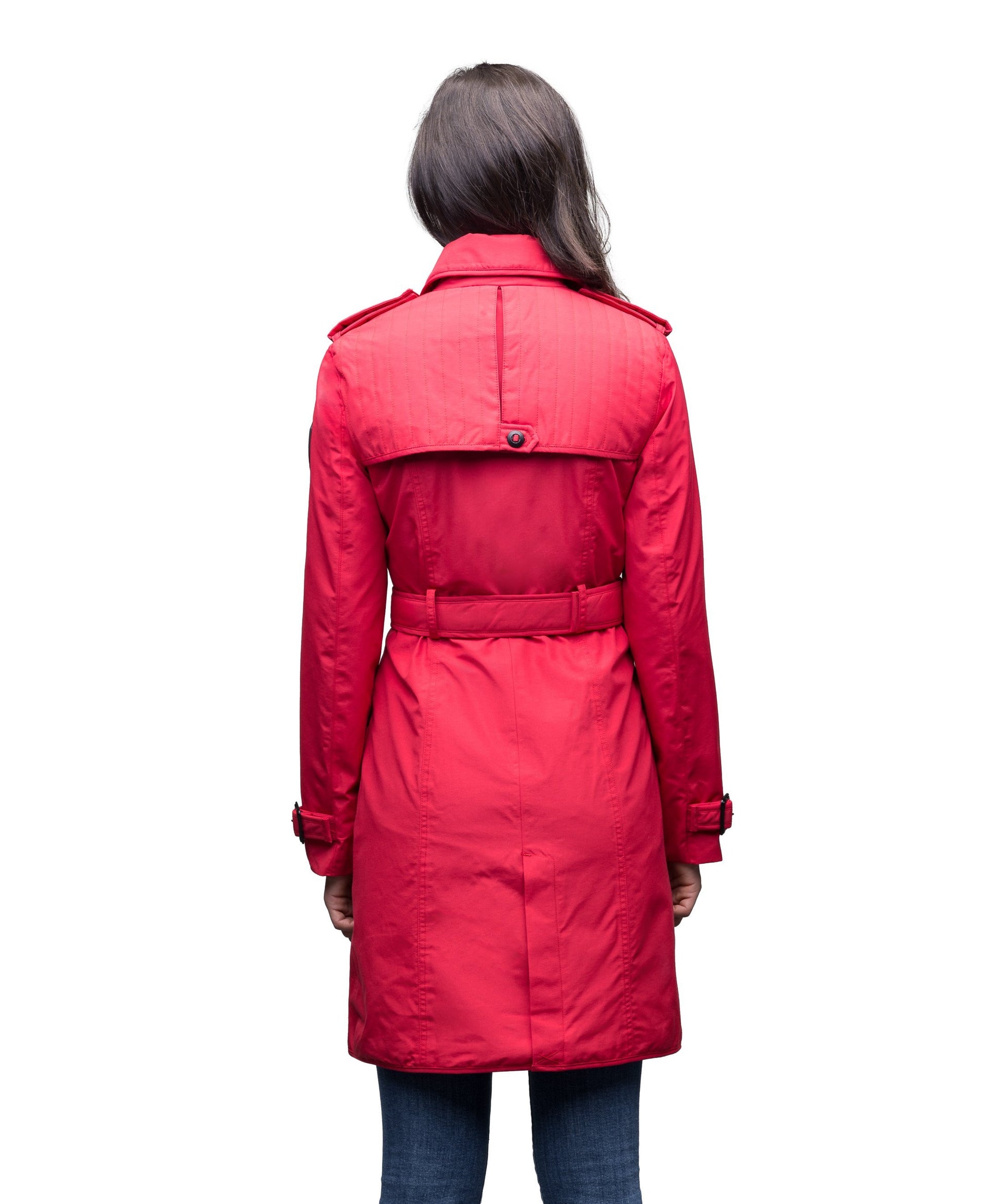 Women's classic trench coat that falls just above the knee in Red