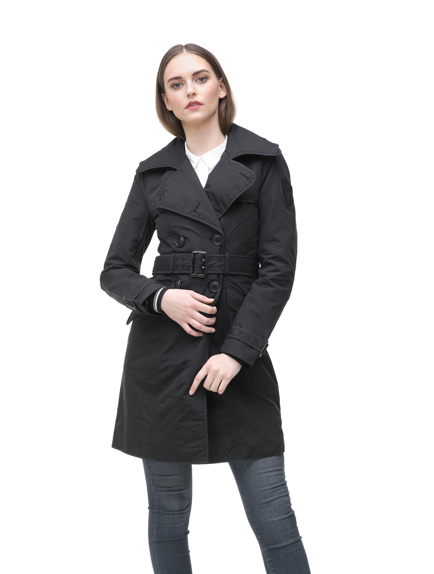 Women's classic trench coat that falls just above the knee in Black