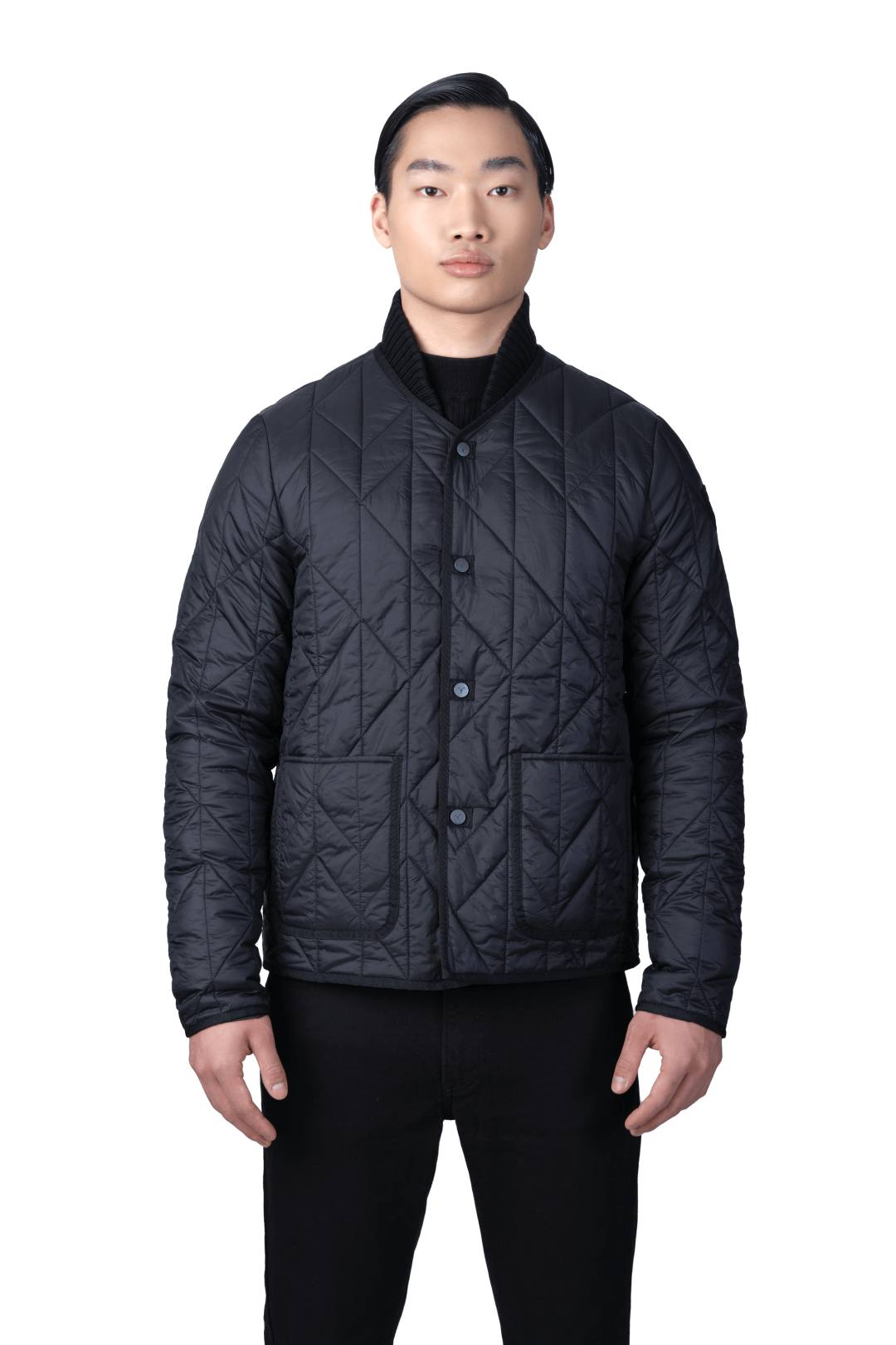 Lunar New Year Men's Quilted Short Jacket in hip length, sustainable and environmentally friendly Primaloft Gold Insulation Active+, with branded snap button front, two waist patch pockets, and chevron quilted body, in Black