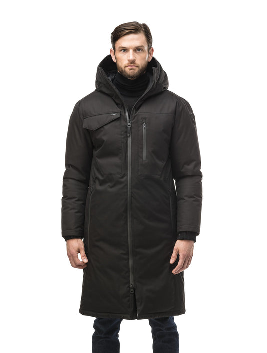 Long men's calf length parka with down fill and exposed zipper that features spacious pockets and zippered vents in Black