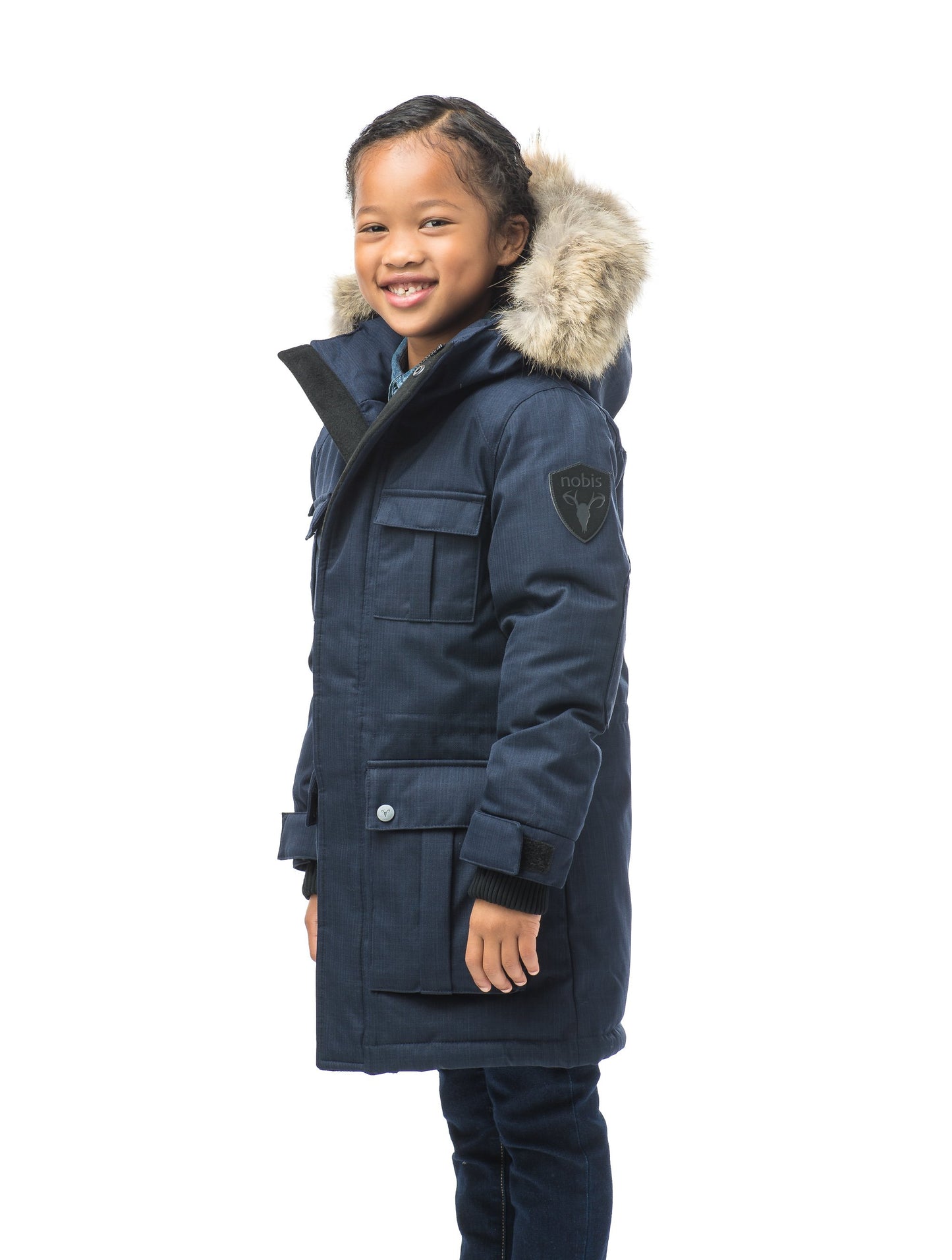 Kid's knee length parka with magnetized closure in CH Navy