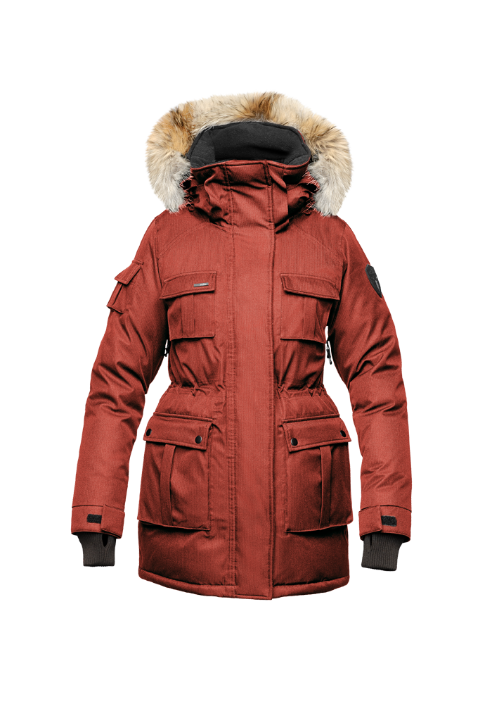 Kid's knee length parka with magnetized closure in CH Red