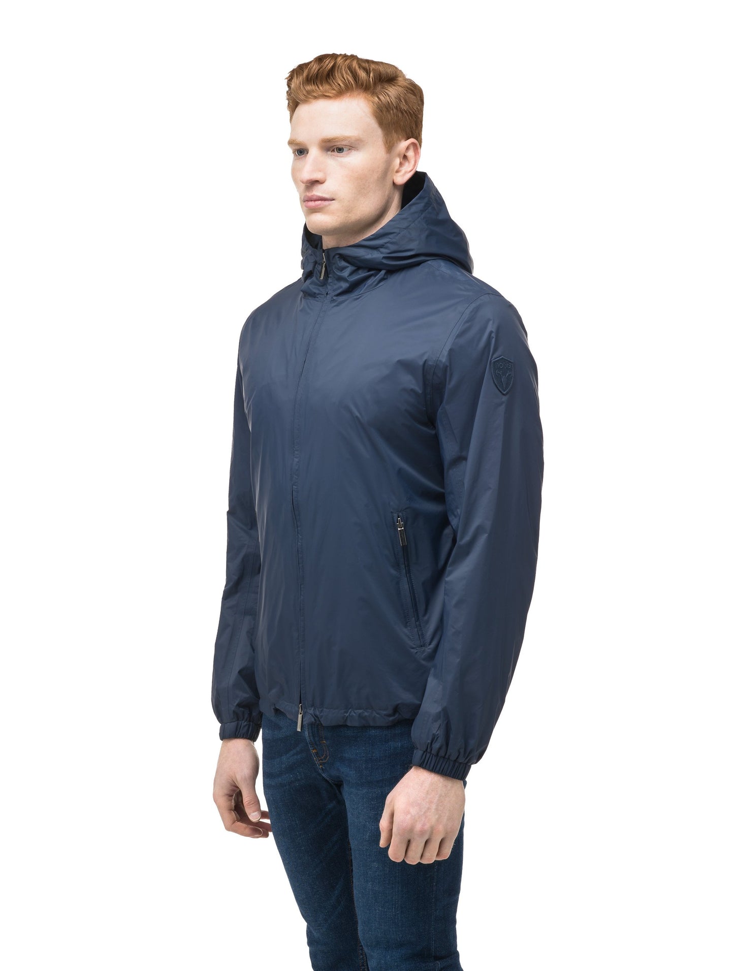 Men's waist length zip up hooded windproof jacket in Marine