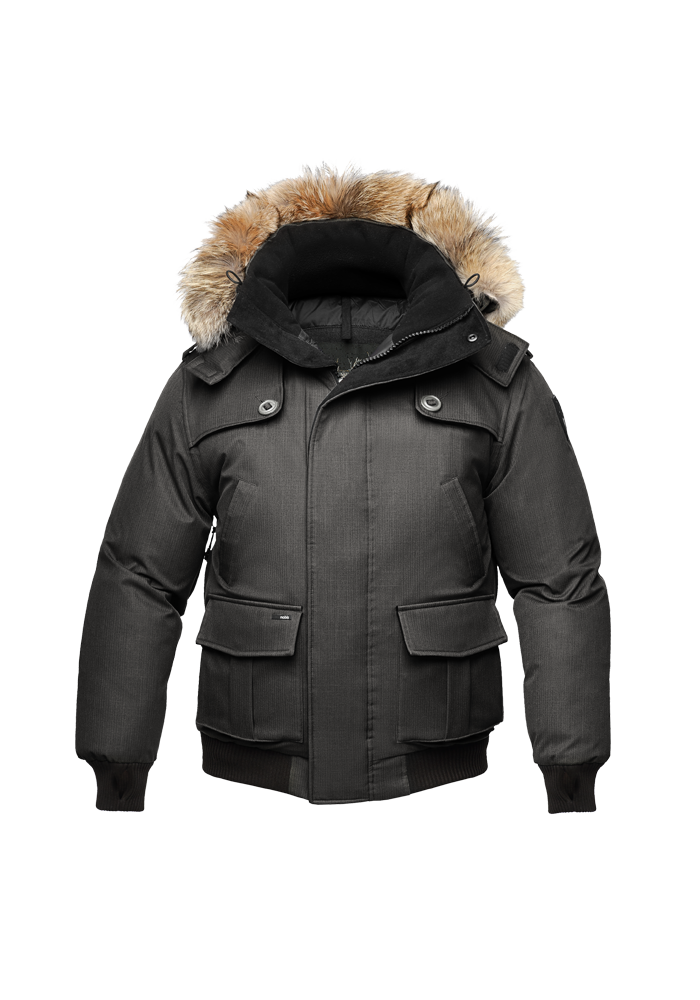 Kid's waist length down bomber jacket with fur trim hood in CH Black