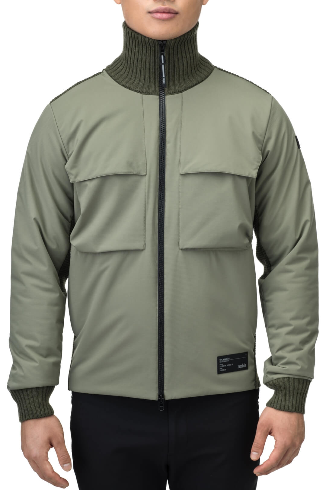 Layton Men's Tactical Hybrid Sweater in hip length, Primaloft Gold Insulation Active+, Merion wool knit collar, sleeves, back, and cuffs, two-way front zipper, and pockets at chest and waist, in Clover