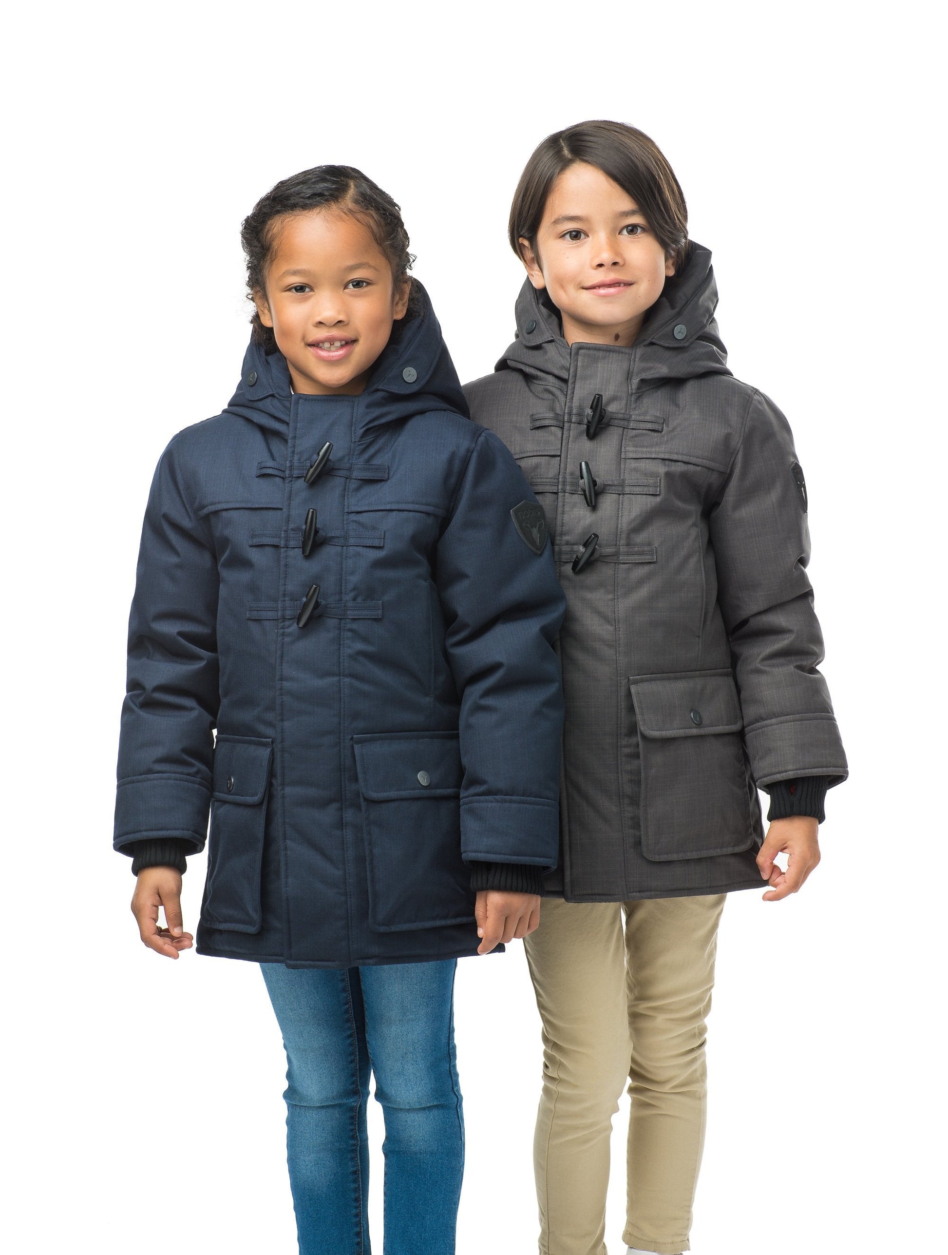 Kid's thigh high down coat with toggle closures in CH Navy