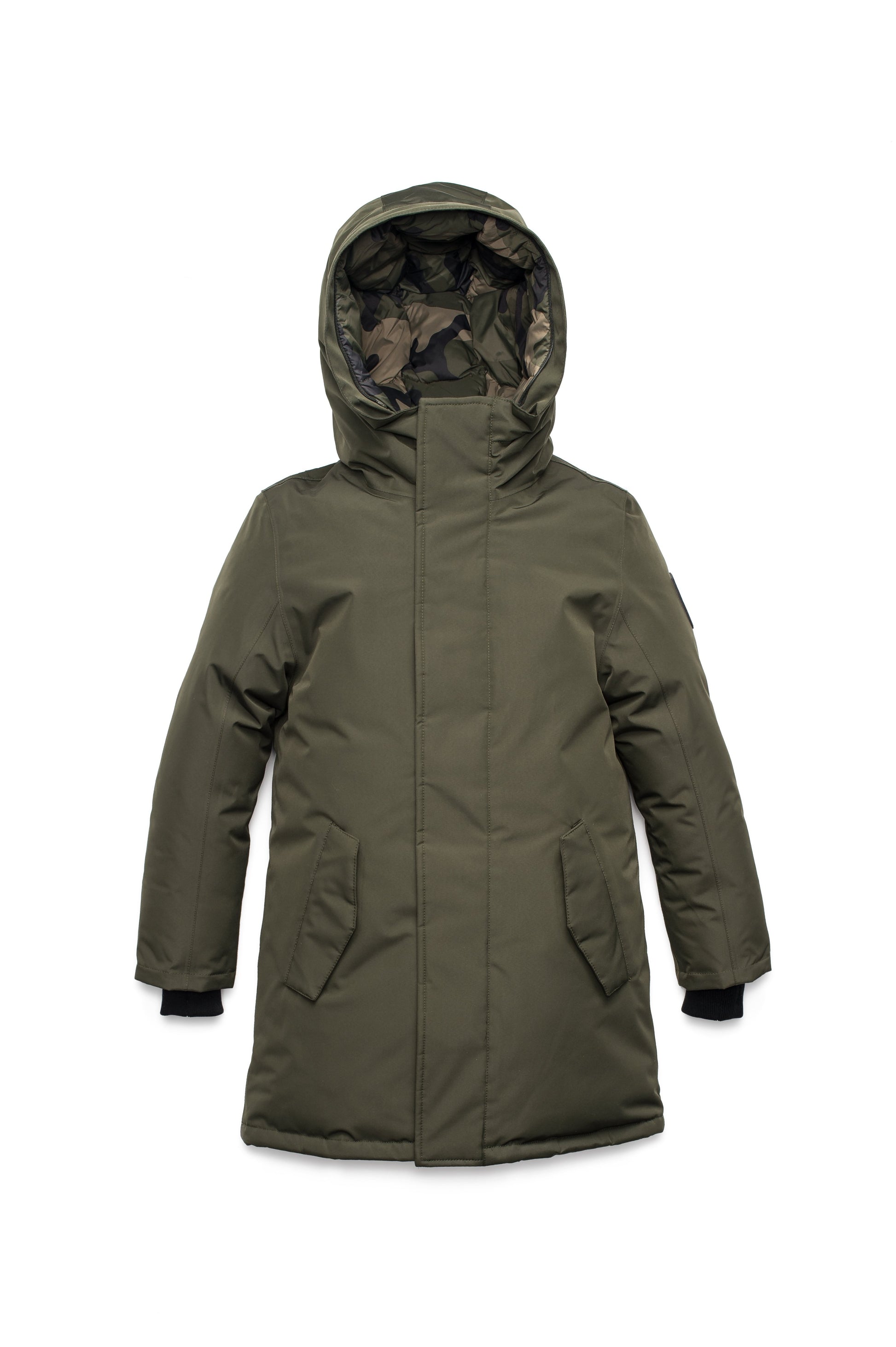 Kids' thigh length down-filled parka with non-removable hood and removable coyote fur trim in Fatigue