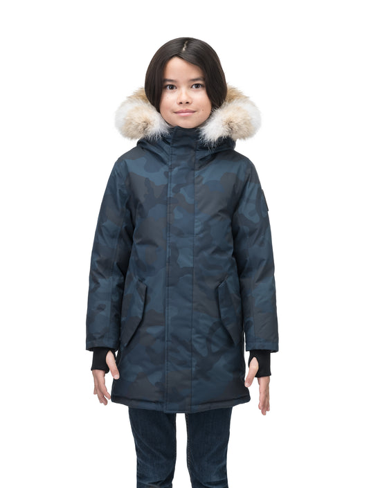 Kids' thigh length down-filled parka with non-removable hood and removable coyote fur trim in Navy Camo