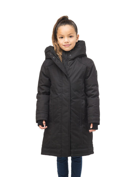 Kid's knee length down coat with fur free hood in Black
