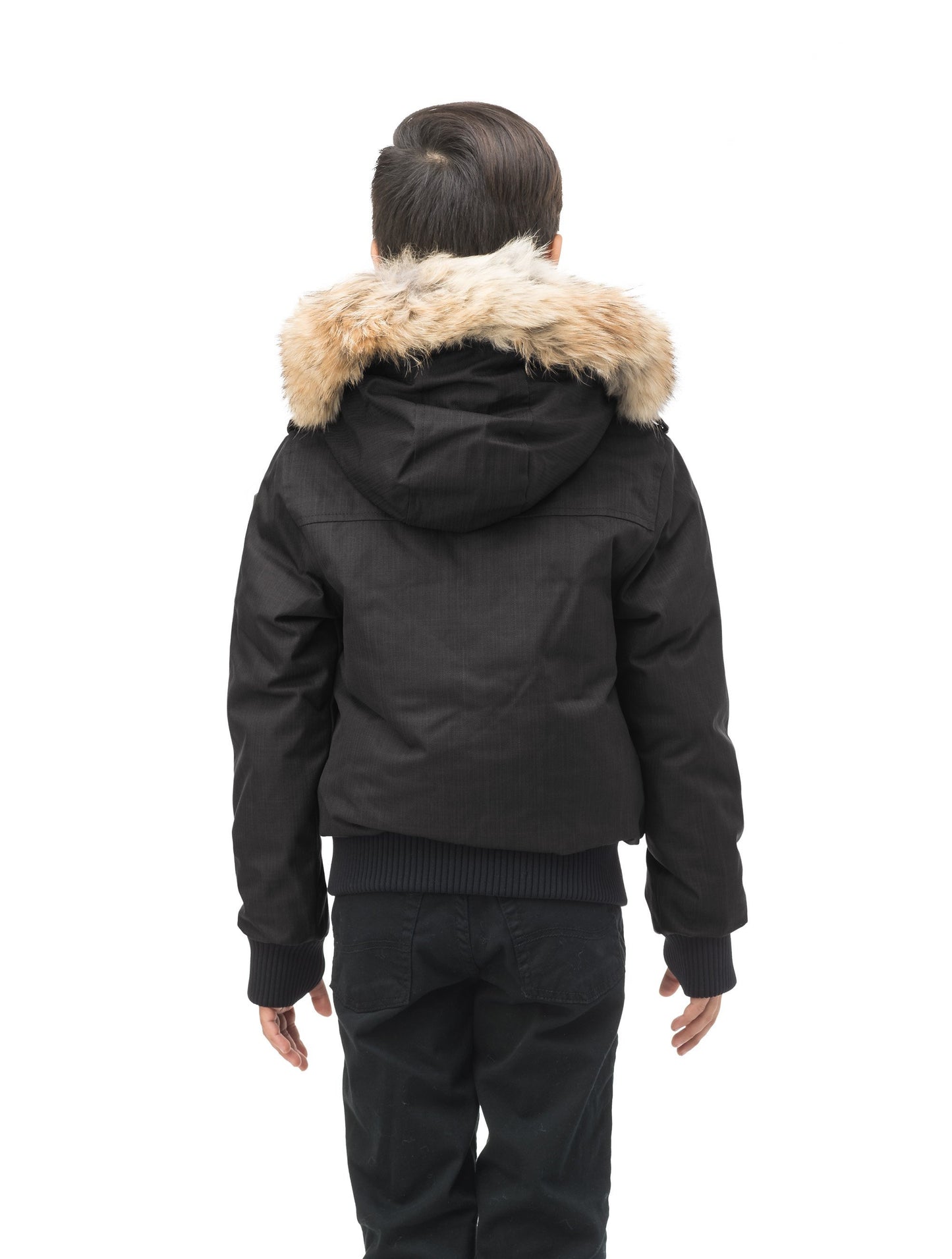 Kid's waist length down bomber jacket with fur trim hood in CH Black