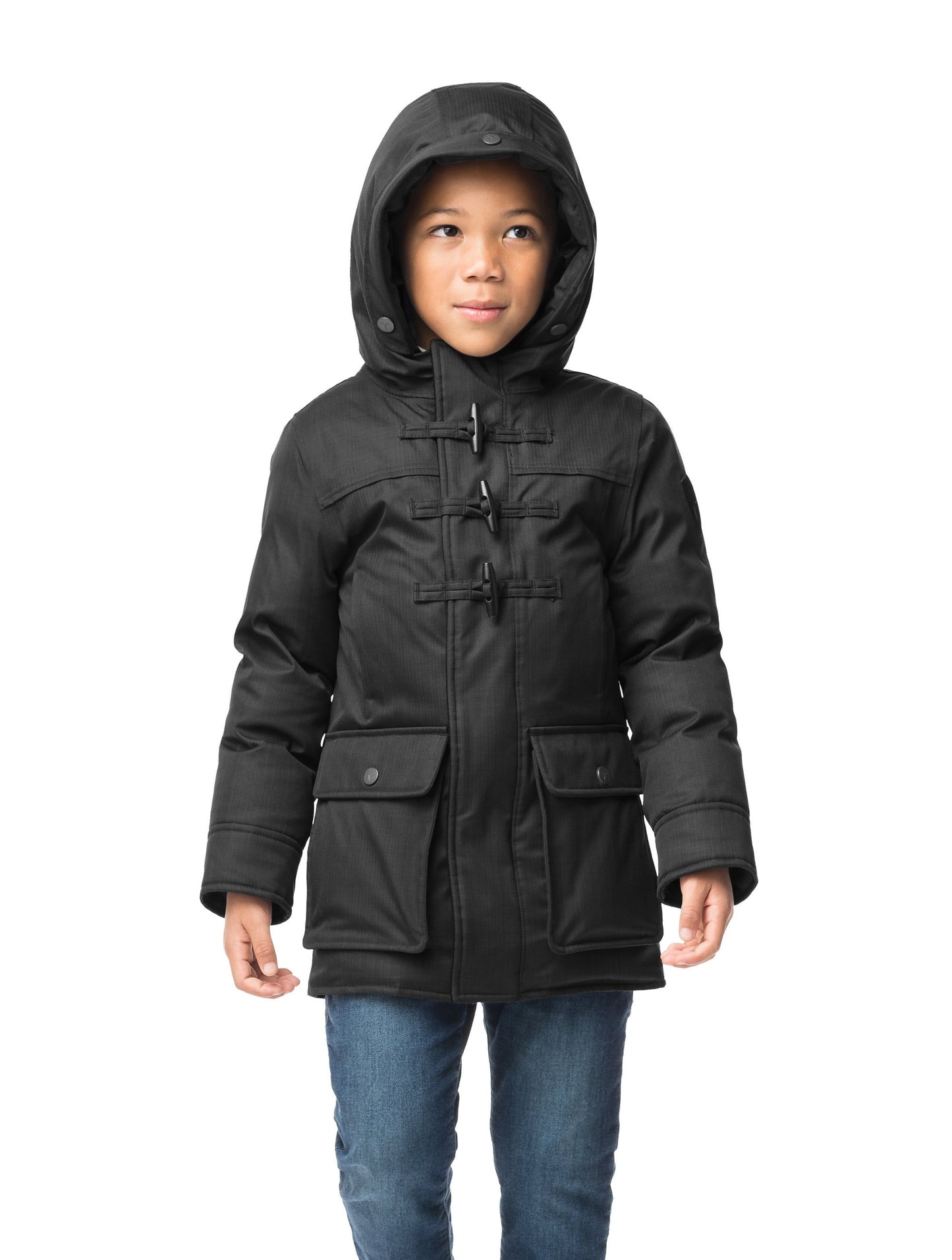Kid's thigh high down coat with toggle closures in CH Black
