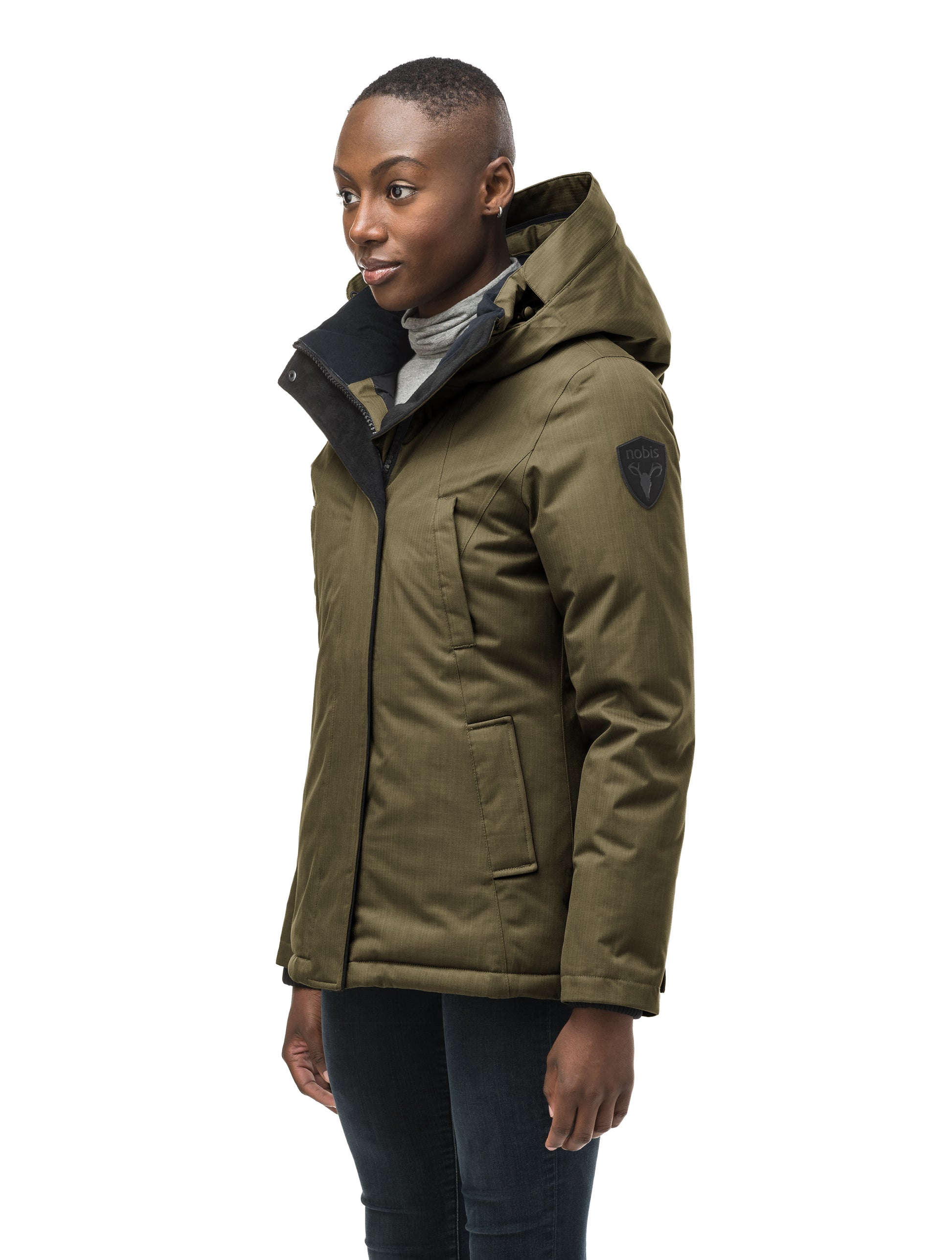 Women's hip length down filled parka in CH Army Green