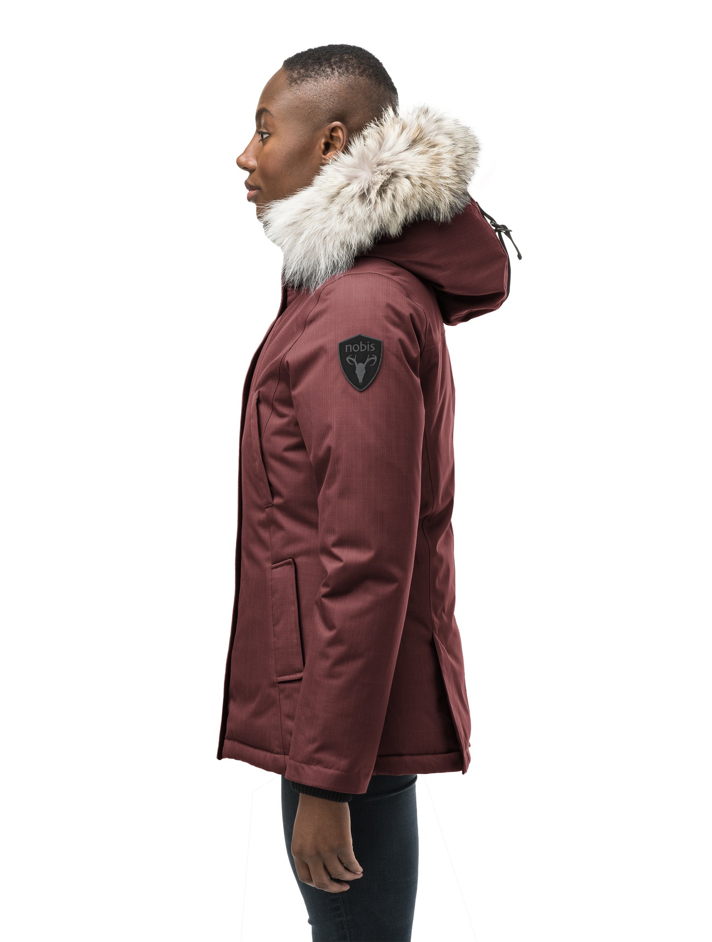 Women's hip length down filled parka in CH Red Rum