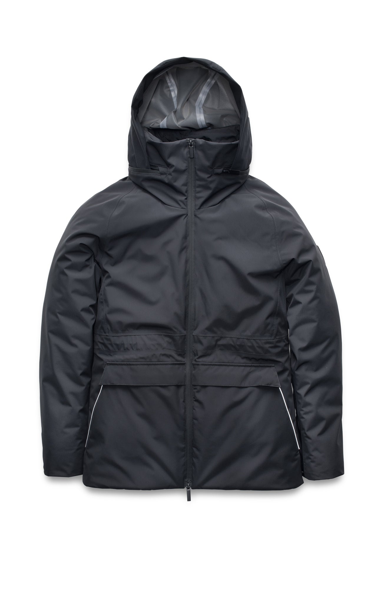 Litho Ladies Short Parka in hip length, Canadian duck down insulation, tuckable waterproof hood, and two-way zipper, in Black