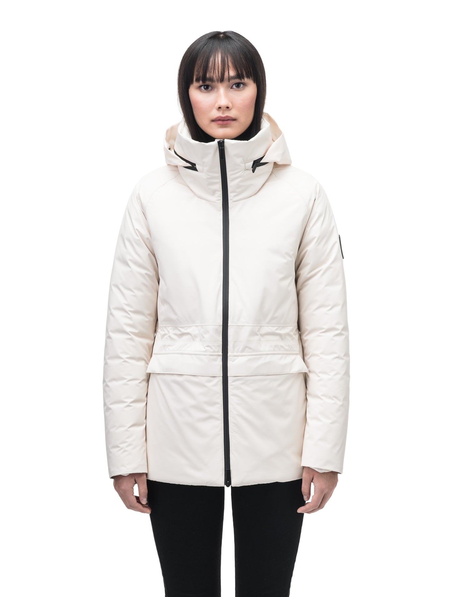 Litho Ladies Short Parka in hip length, Canadian duck down insulation, tuckable waterproof hood, and two-way zipper, in Wheat