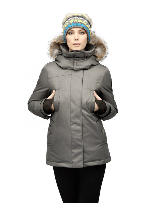 Women's down filled waist length parka with removable fur trim and removable hood in CH Steel Grey