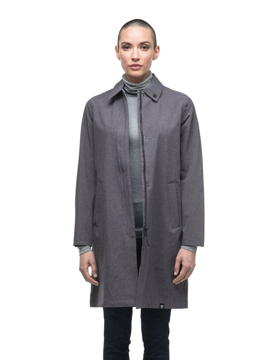 Women's thigh length collared rain jacket in Dk Grey